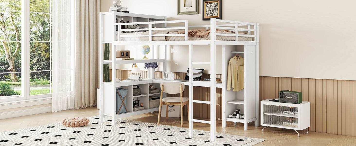 Metal Loft Bed With Wardrobe And L Shaped Desk, Full Size Loft Bed With Storage Cubes And Shelves, Heavy Duty Loft Bed For Kids Teens Adults, White Full Off White Metal