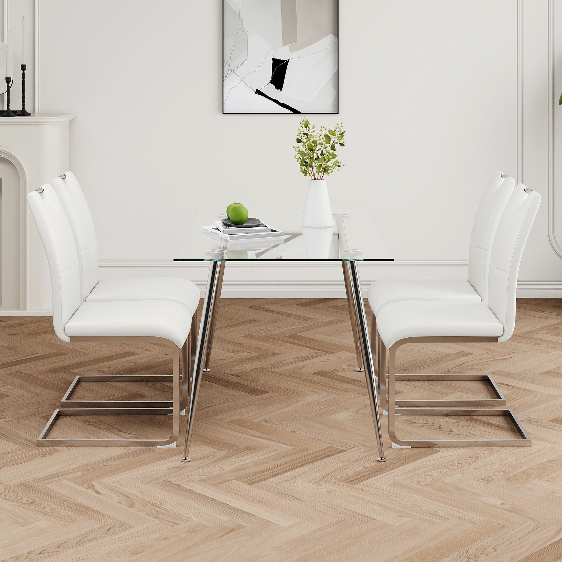 Modern Simple Rectangular Glass Dining Table, Solid Tempered Glass Tabletop, Electroplated Table Legs, White Pu Dining Chair Set, Suitable For Restaurant Kitchen Use Set Of 5 Upholstered Chair Glass White Pu Seats 4 Metal Rectangular Dining Table With