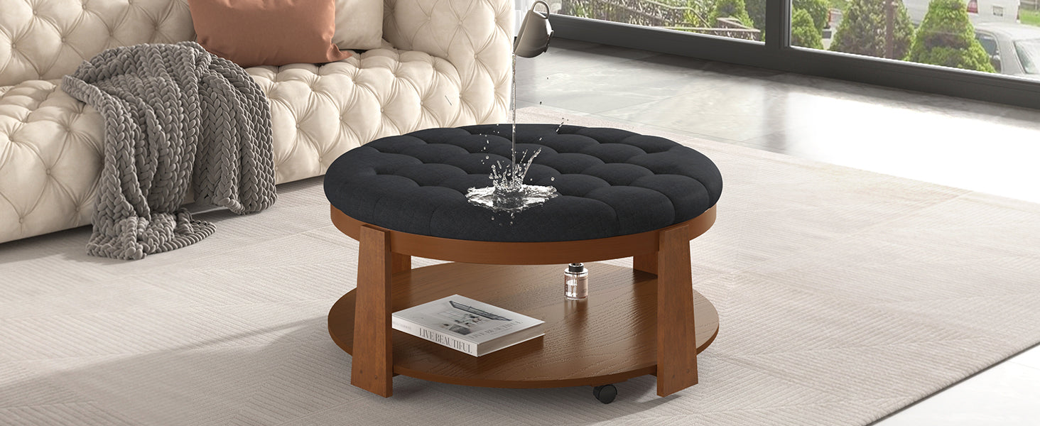 Modern Large Round Ottoman Coffee Table 2 Tier Oversized Button Tufted Ottoman With Wood Shelf Storage Upholstered Coffee Table For Living Room Footrest Ottoman With Wheel, Waterproof Linen Black Brown Rubber Wood