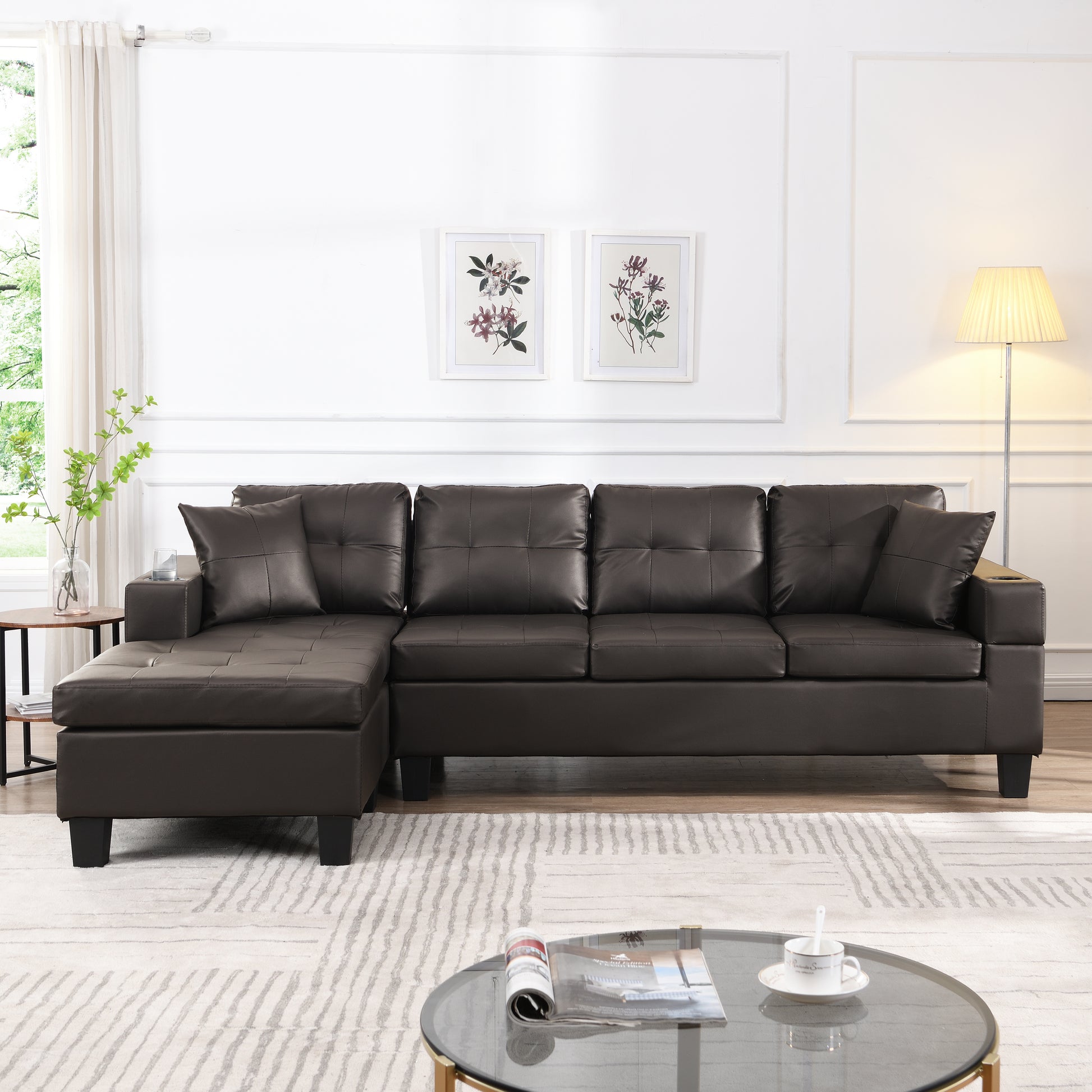 Sectional Sofa Set For Living Room With L Shape Chaise Lounge ,Cup Holder And Left Or Right Hand Chaise Modern 4 Seat Chocolate Brown Dark Brown Pu 4 Seat