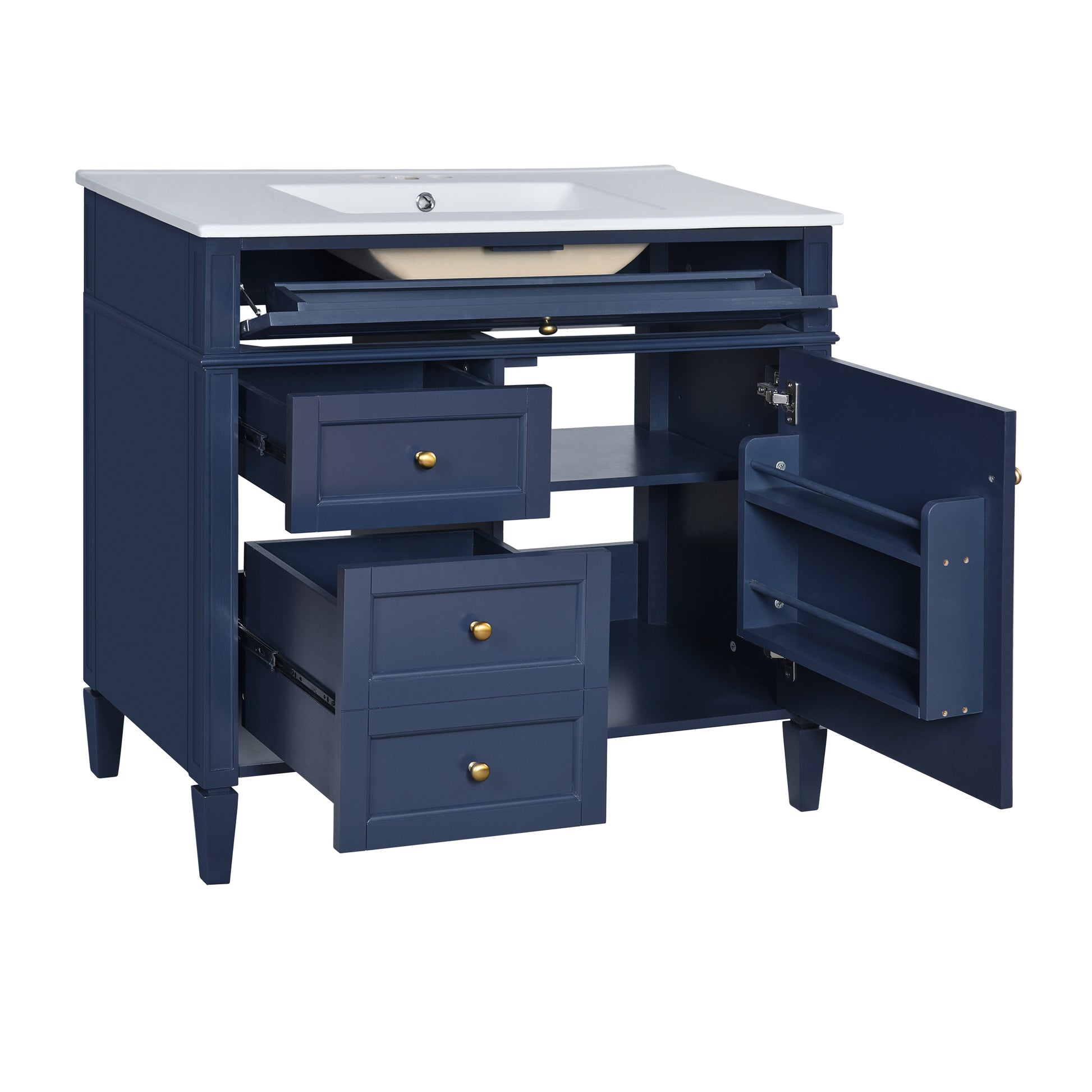 36'' Bathroom Vanity With Top Sink, Modern Bathroom Storage Cabinet With 2 Drawers And A Tip Out Drawer, Single Sink Bathroom Vanity Blue Bathroom Solid Wood Mdf Ceramic,Solid Wood Mdf