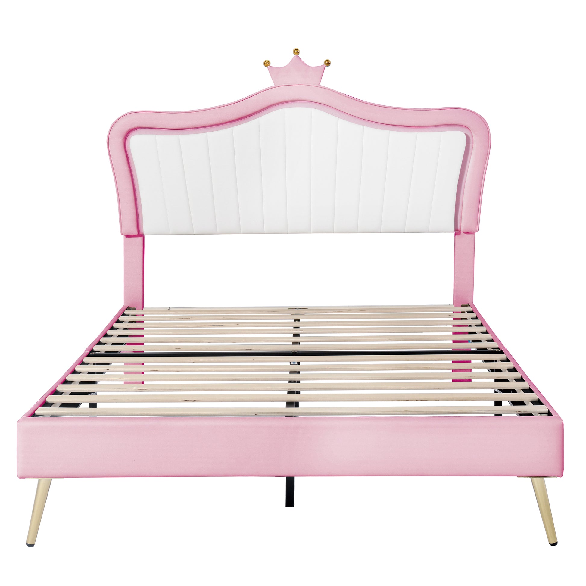 Queen Size Upholstered Bed Frame With Led Lights,Modern Upholstered Princess Bed With Crown Headboard,White Pink Queen White Pink Pu