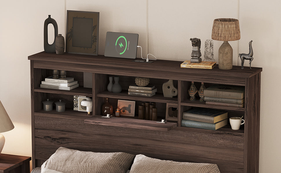 Queen Size Wooden Platform Bed With Storage Headboard,American Country Style Bed With Usb Charging Ports,Dark Walnut Queen Walnut American Traditional Mdf