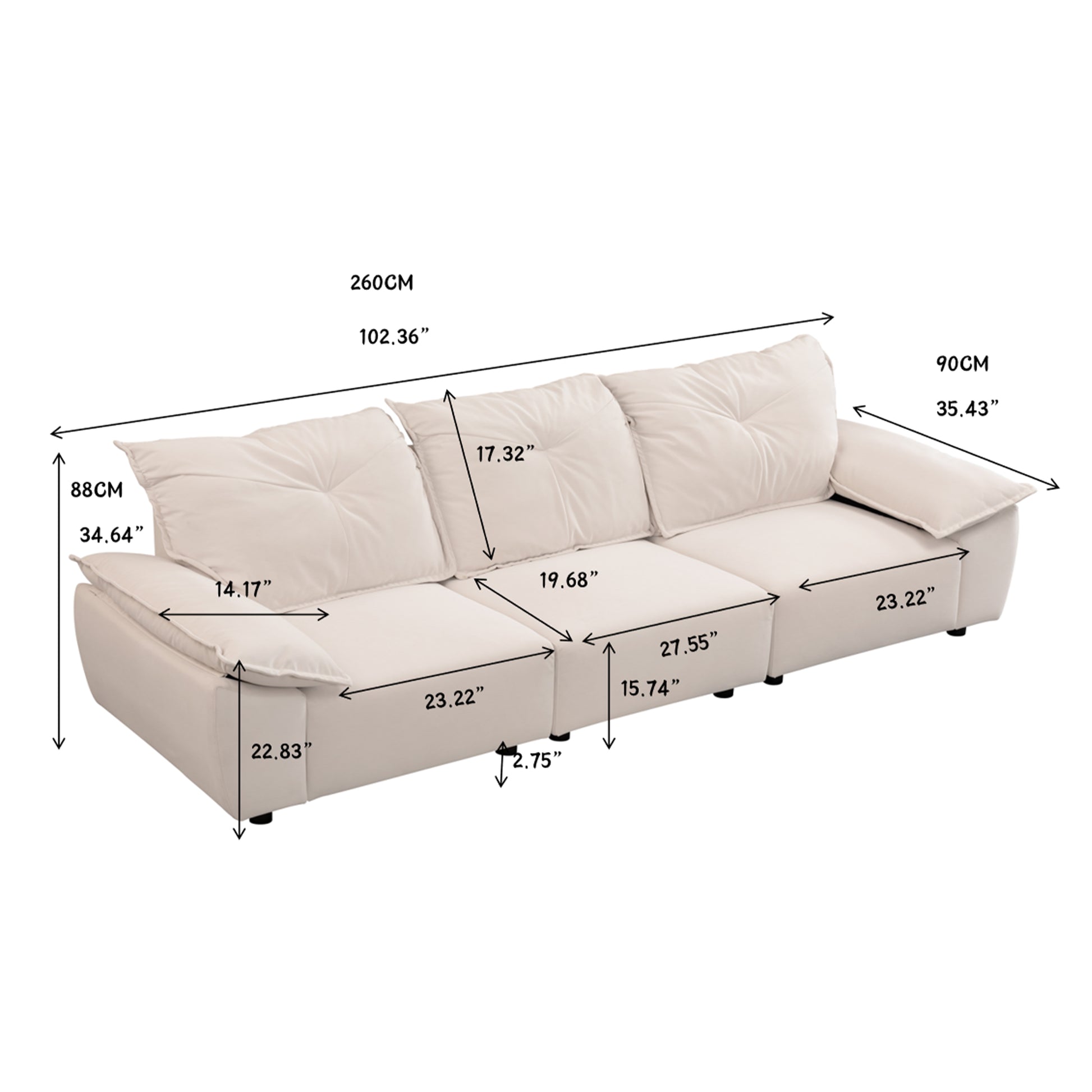 2239 Beige Fabric, Pillowcase Can Be Removed For Cleaning, Backrest Can Also Be Removed, Convenient And Easy To Take Care Of It. Beige Fabric 3 Seat