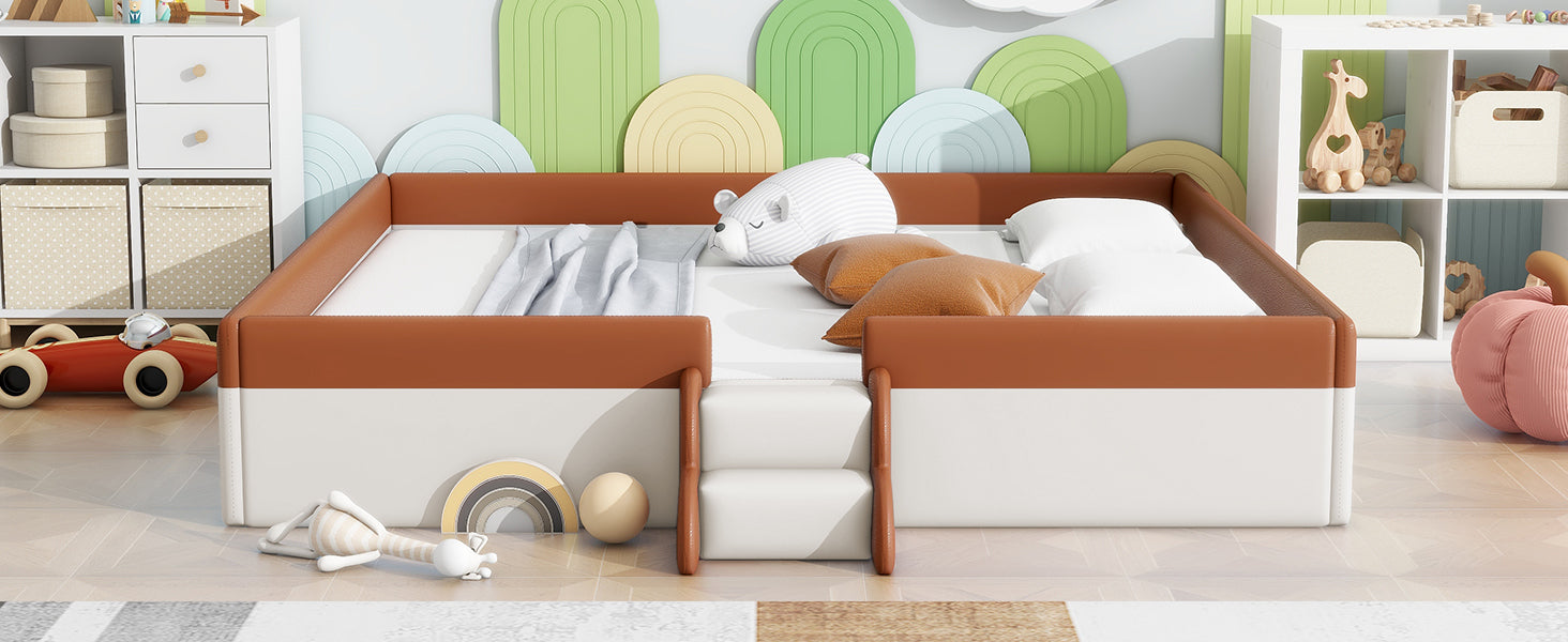 King Size Upholstered Daybed Frame With Fence And Stairs, Brown White King Brown White Mdf Lvl