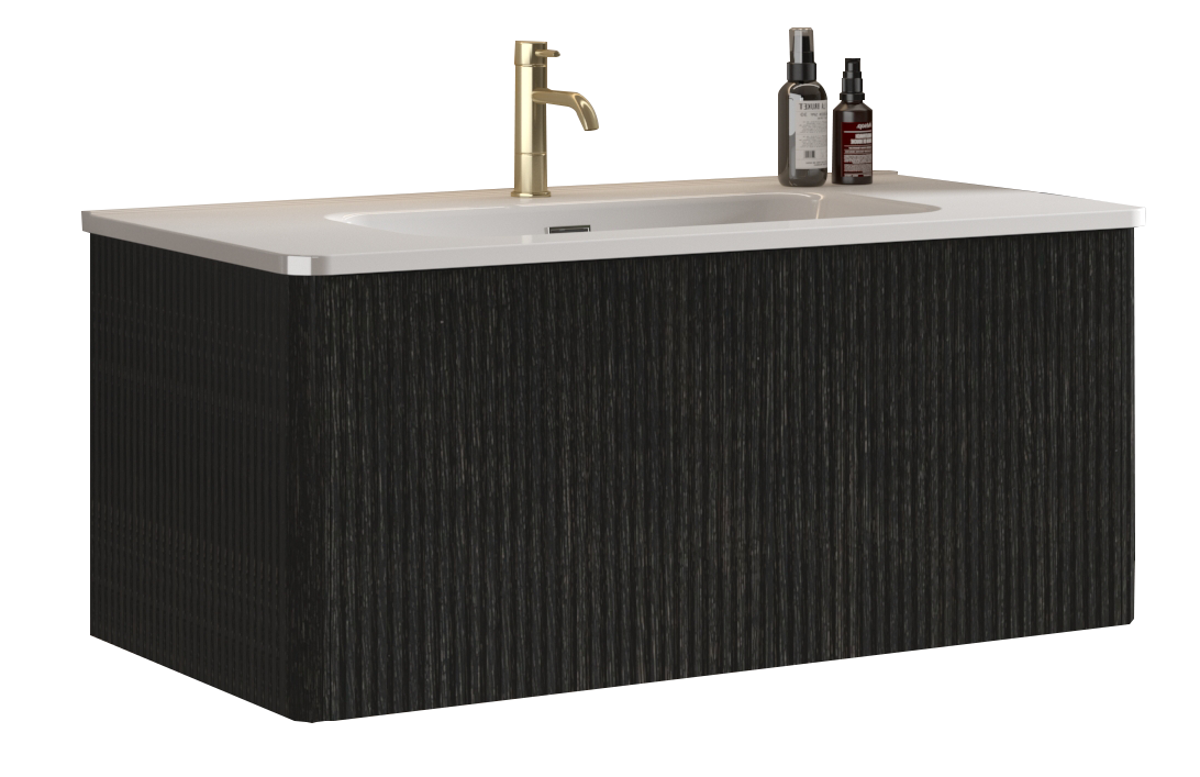 U058 Etna36W 308 Etna 36" Striped Brushed Black Oak Floating Bathroom Vanity With White Ceramic Sink, Bathroom Vanity For Modern Bathroom, Pre Assembled Black Melamine