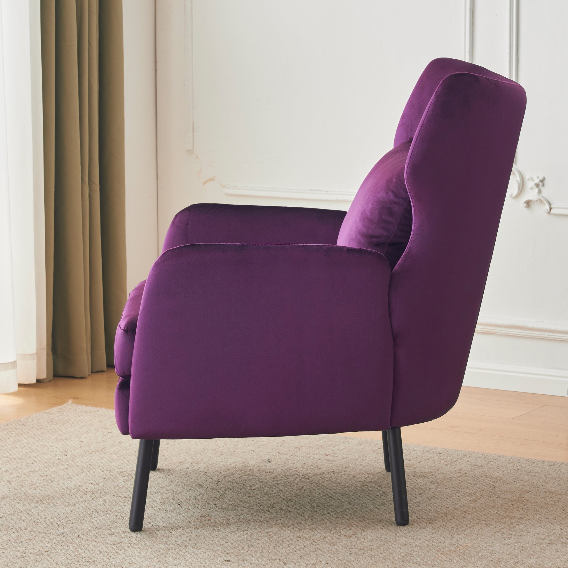 Wing Back Velvet Accent Chair, Modern Living Room Armchair Comfy Upholstered Single Sofa Chair For Bedroom Dorms Reading Reception Room With Metal Legs & Pillow, Purple Purple Velvet