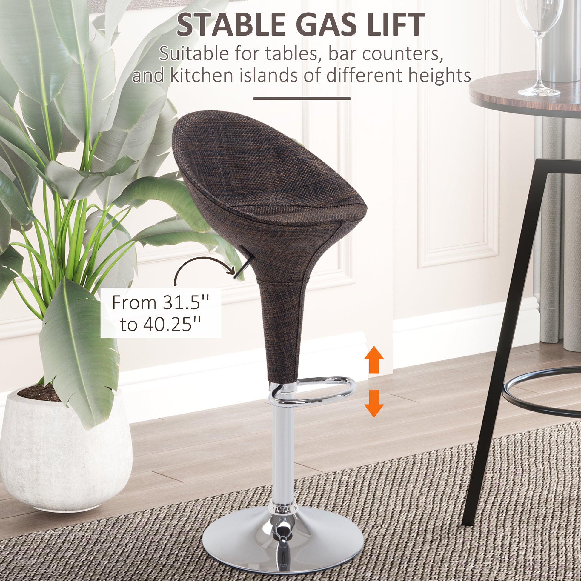 Homcom Adjustable Bar Stools Set Of 2, Rattan Bar Height Barstools With Swivel For Pub Counter Kitchen Brown Steel