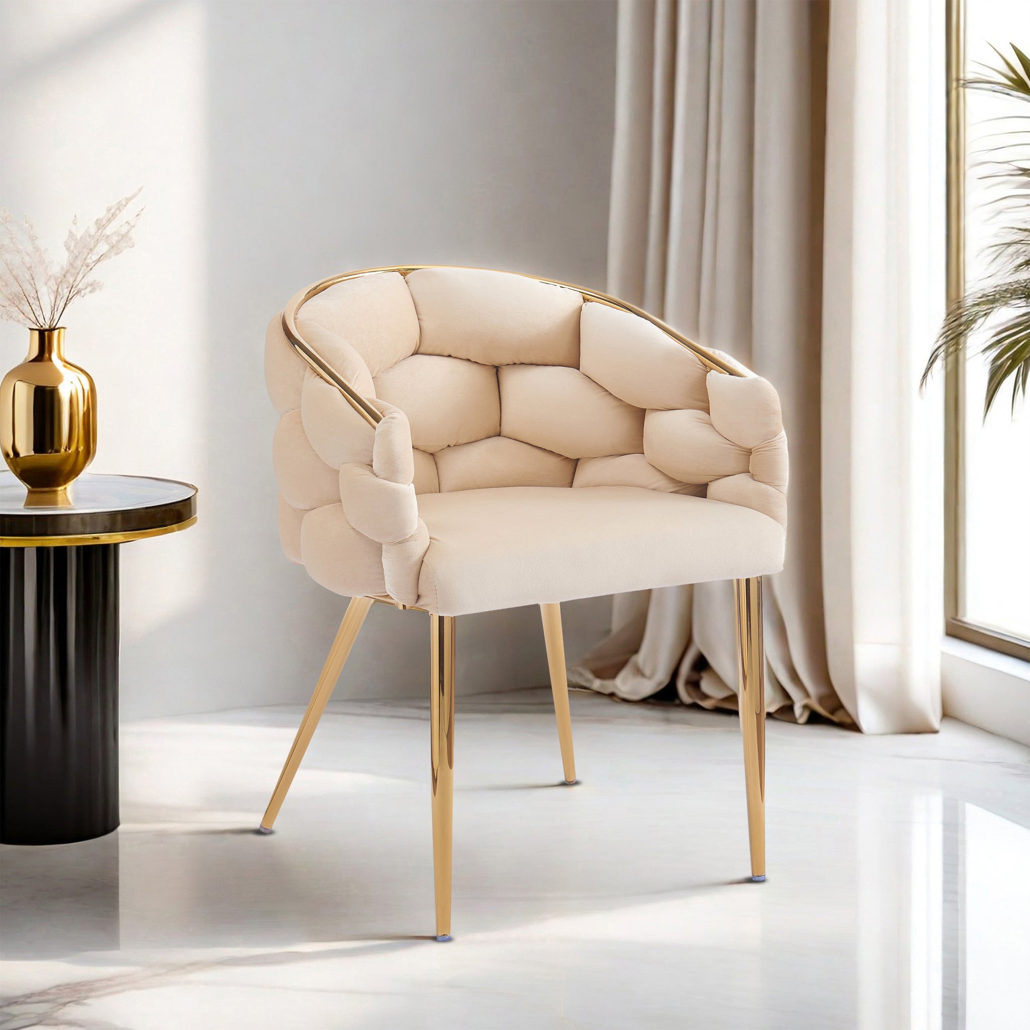 Luxury Handmade Accent Chair With Gold Legs, Modern Velvet Armchair For Living Room And Bedroom Beige Foam Velvet
