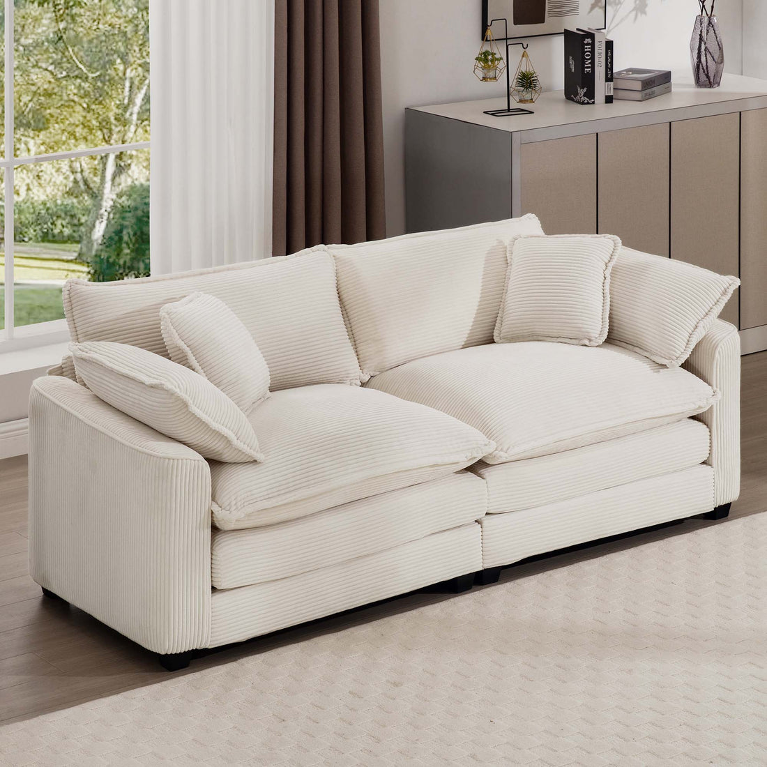 Modern Fabric Living Room Sofa 2 Seater Sofa With 4 Pillows ,Upholstered Large And Deep Seating 2 Seat Loveseat Sofa, Light Beige Corduroy Beige Corduroy 2 Seat