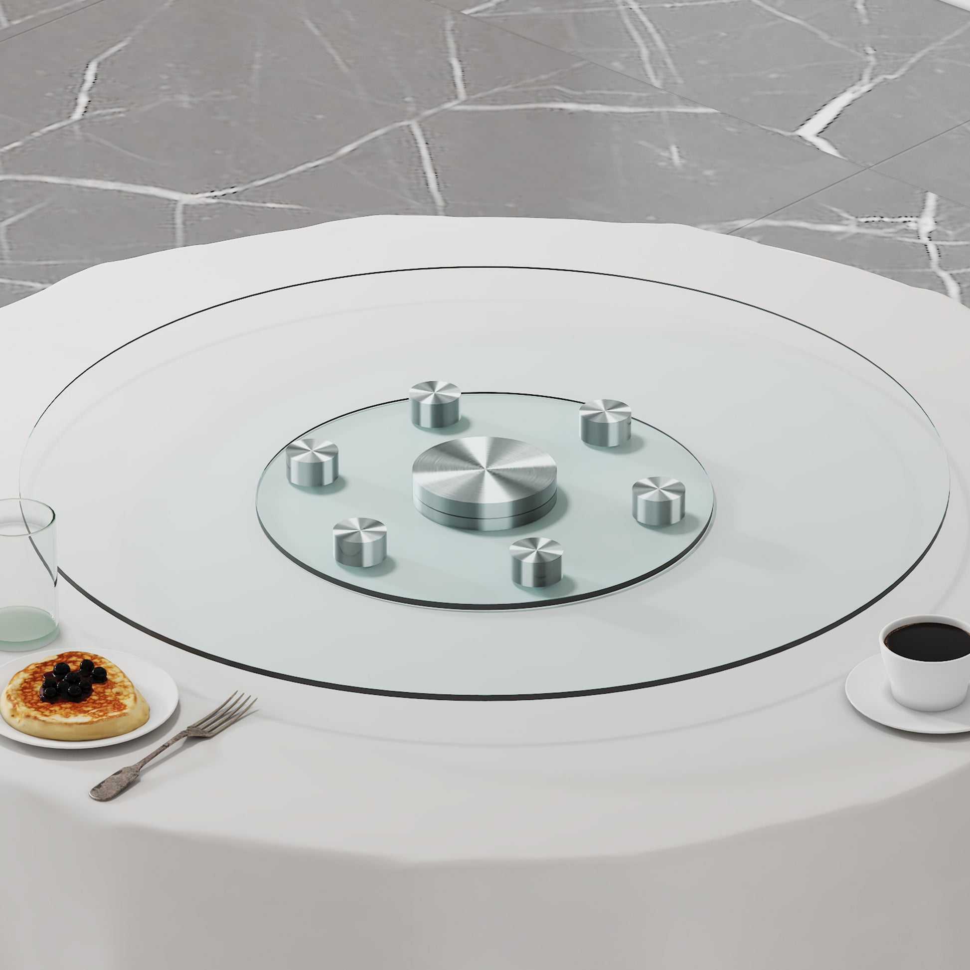 Double Layer Rotatable Round Glass.The Rotatable Design Makes It More Convenient To Retrieve And Place Items.The Upper Glass Has A Diameter Of 30.3 Inches, While The Lower Glass15 Inches. Transparent Glass