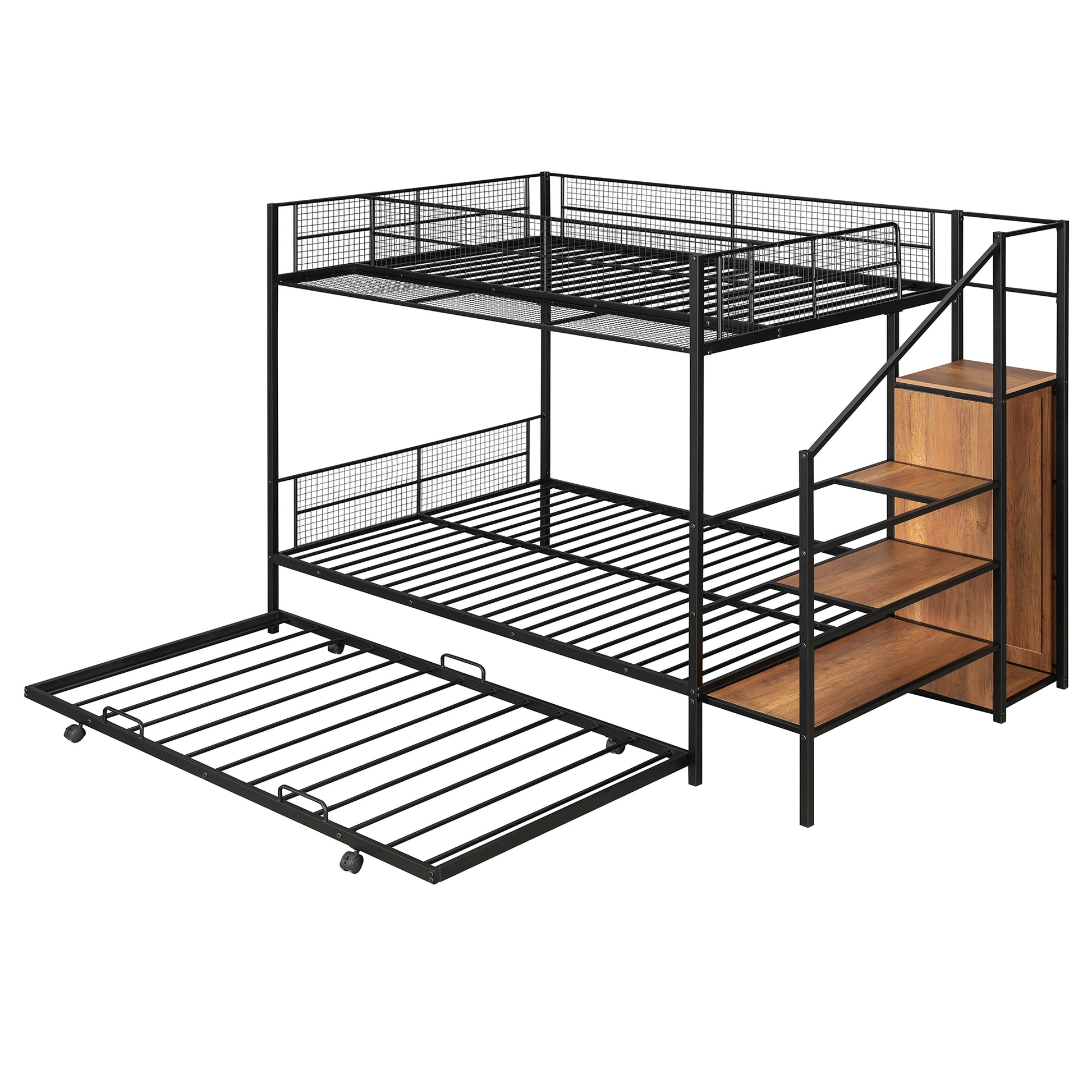 Twin Over Full Metal Bunk Bed With Trundle And Lateral Storage Ladder And Wardrobe, Black Black Metal