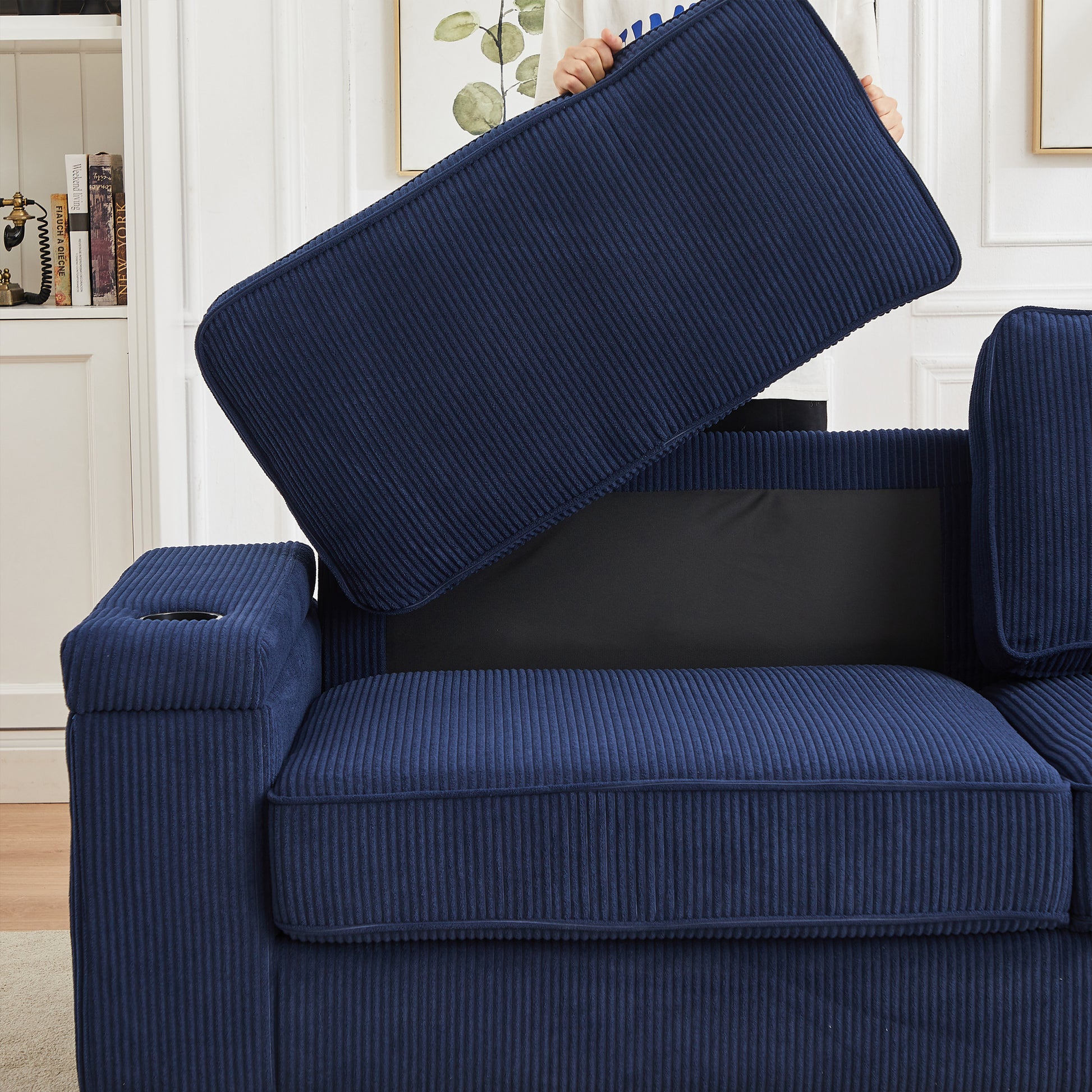 86.5 Inch Sofa Couch Deep Seat Sofa With Two Storage Spaces, T Pyce Charging Portsusb Charging Ports & 2 Cup ,Corduroy 3 Seater Couch, Modern Sofas For Living Room Blue Foam Corduroy 3 Seat