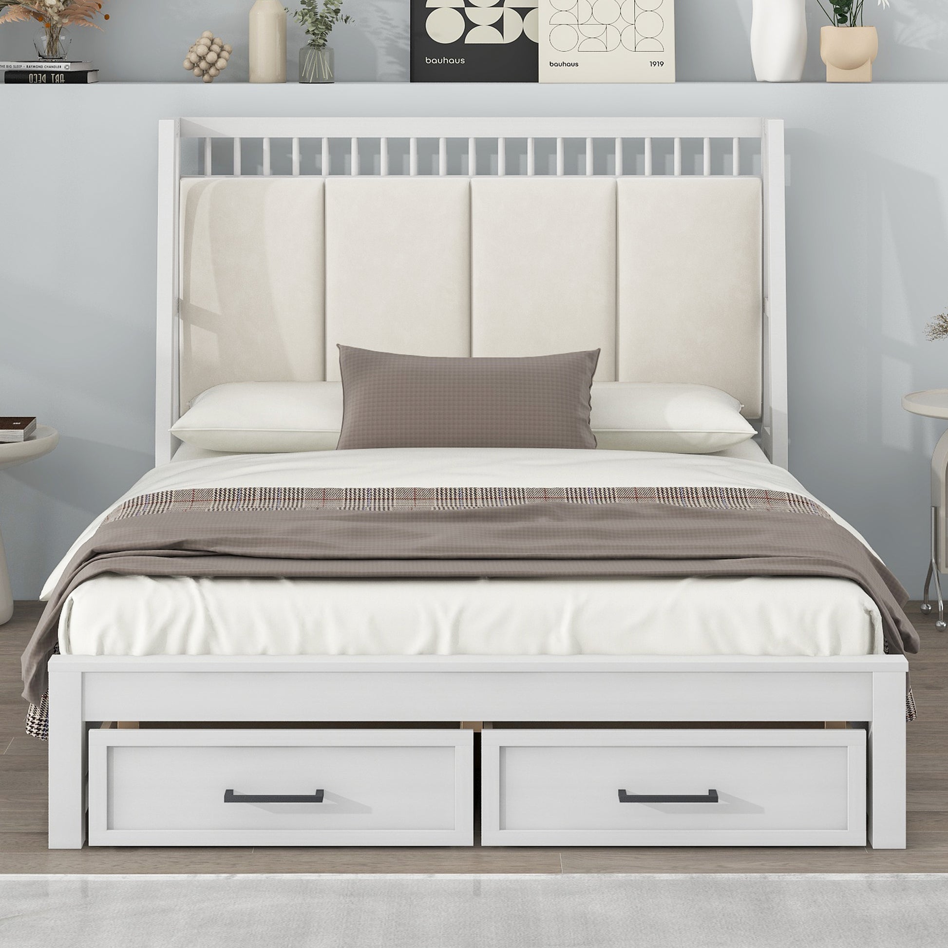Full Size Wood Platform Bed With Upholstered Headboard And 2 Drawers, White Box Spring Not Required Full White Wood Bed Frame Solid Wood Mdf