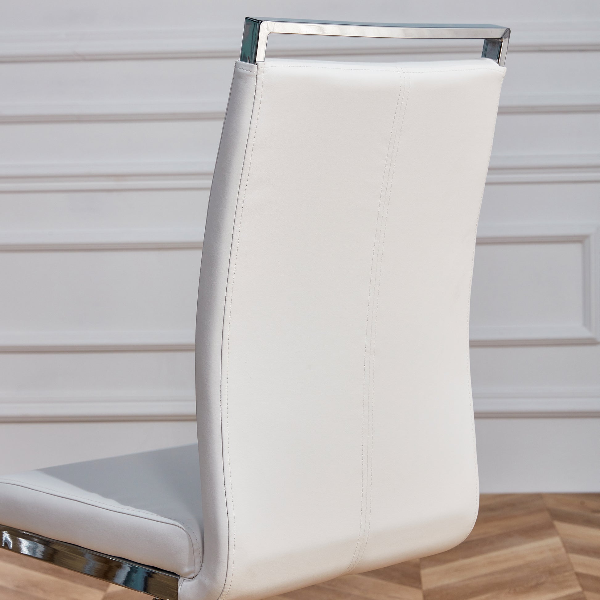 Table And Chair Set.Modern Luxurious Transparent Tempered Glass Dining Table Set.Paried With 6 Chairs With Pu Cushion And Silver C Tube Metal Legs. Transparent,White Seats 6 Glass Metal