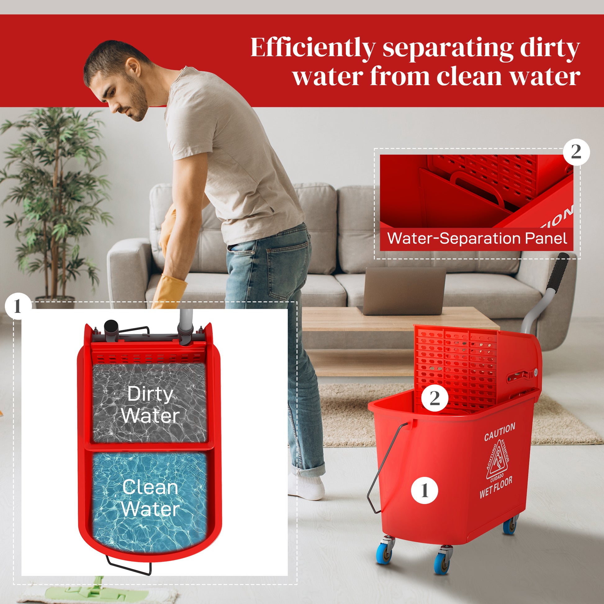 Homcom Mop Bucket With Wringer On Wheels For Floor Cleaning, 21 Quart, Separate Dirty And Clean Water, Red Red Plastic