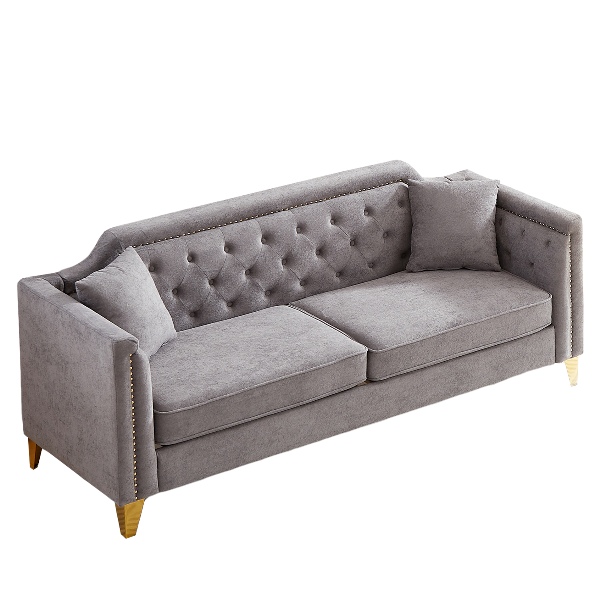 Fx 81"Mid Century Design Modern Sofa,Chenille Pull Buckle Design Sofa For Living Room,Buttons Tufted With Copper Nail Decoration Armrest, With 2 Pillows,Modern Couch Upholstered Button And Metal Leg Grey Chenille Pine Foam Fabric 3 Seat