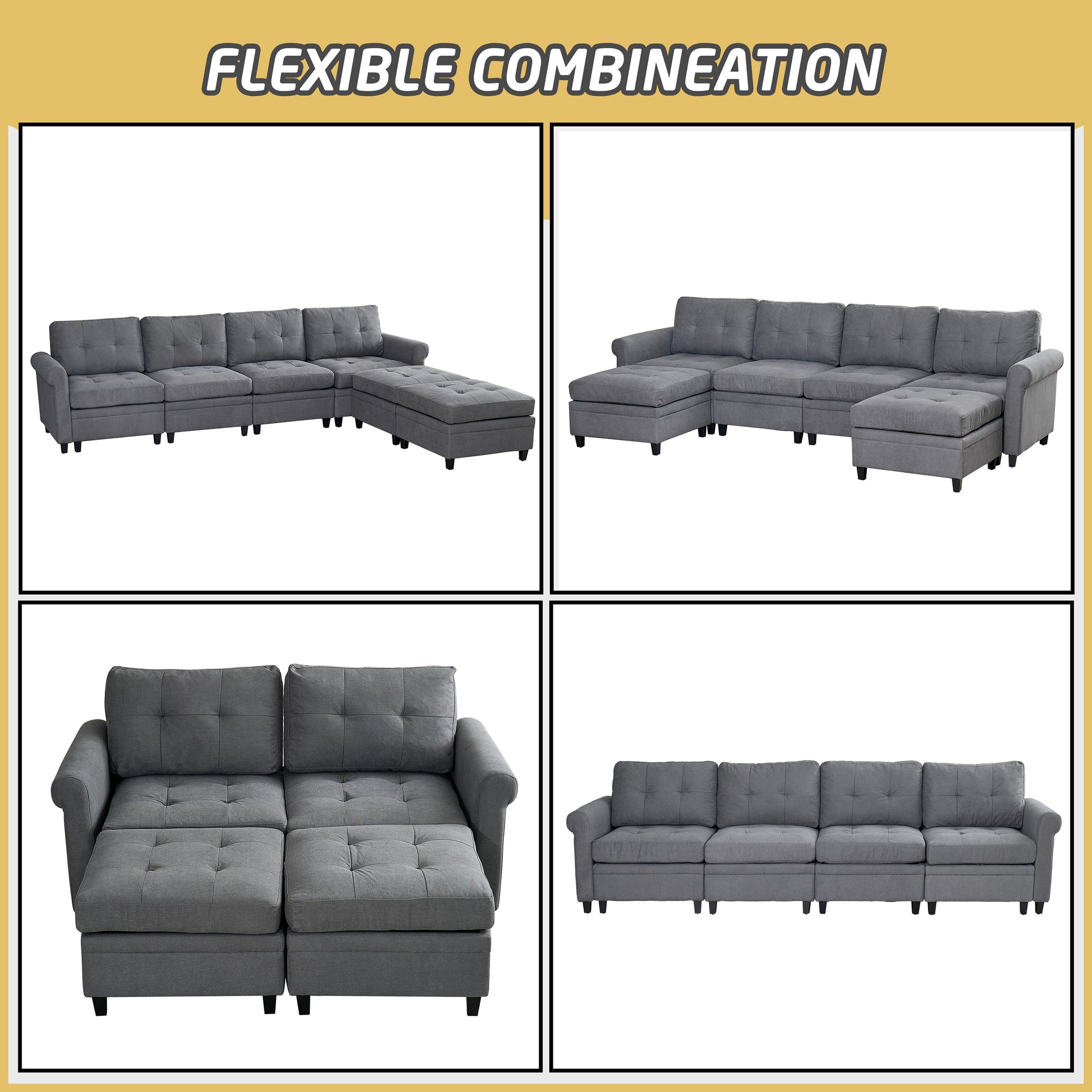 U Shaped Sectional Couch Convertible Sectional Couch With Double Chaise 6 Seat Sectional Sofa For Living Room Grey Fabric 6 Seat