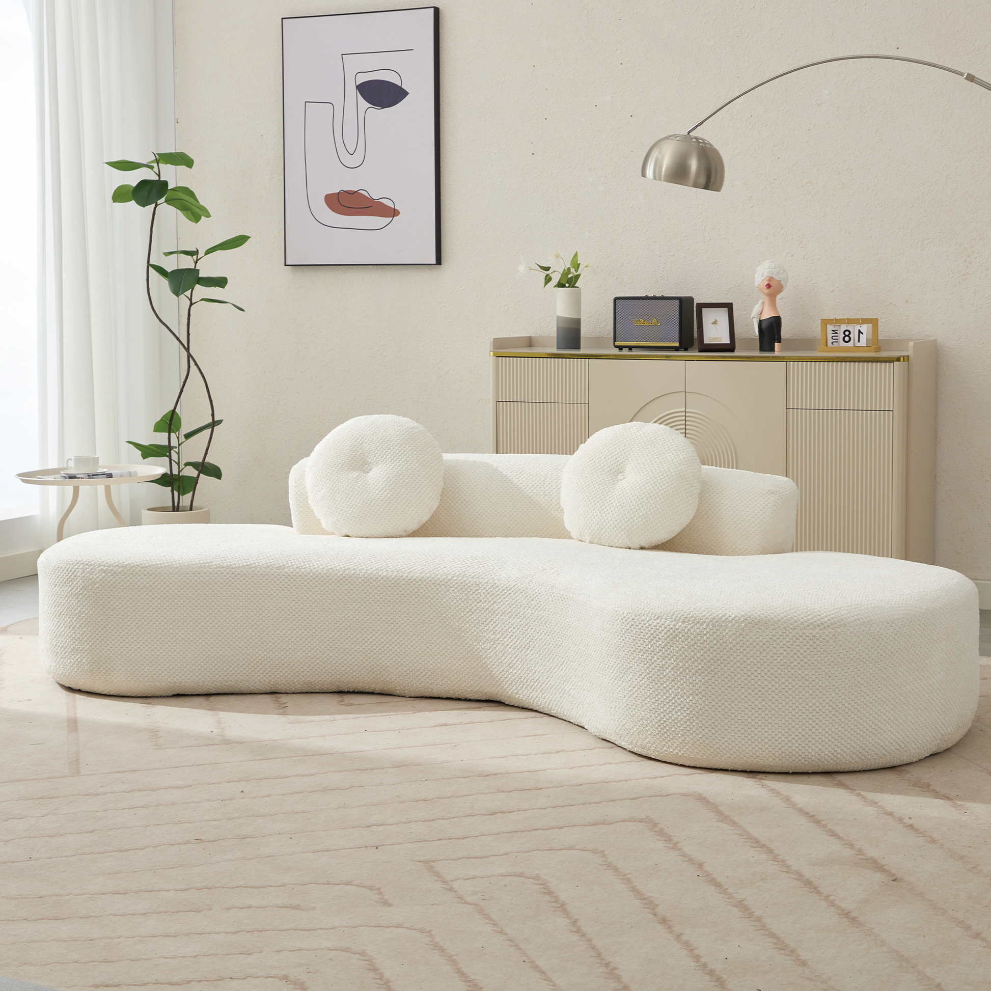 Arrived 105.5''Curved Sofa, Modern Minimalist Sofa, Cloud Couch Sofa 3 4 Seater Couch With 2 Pillows,Bedroom, No Assembly Required, Point Shaped Corduroy, Anti Wrinkle Beige Beige Polyester Primary Living Space Tight Back Soft Modern Foam Upholstered 3
