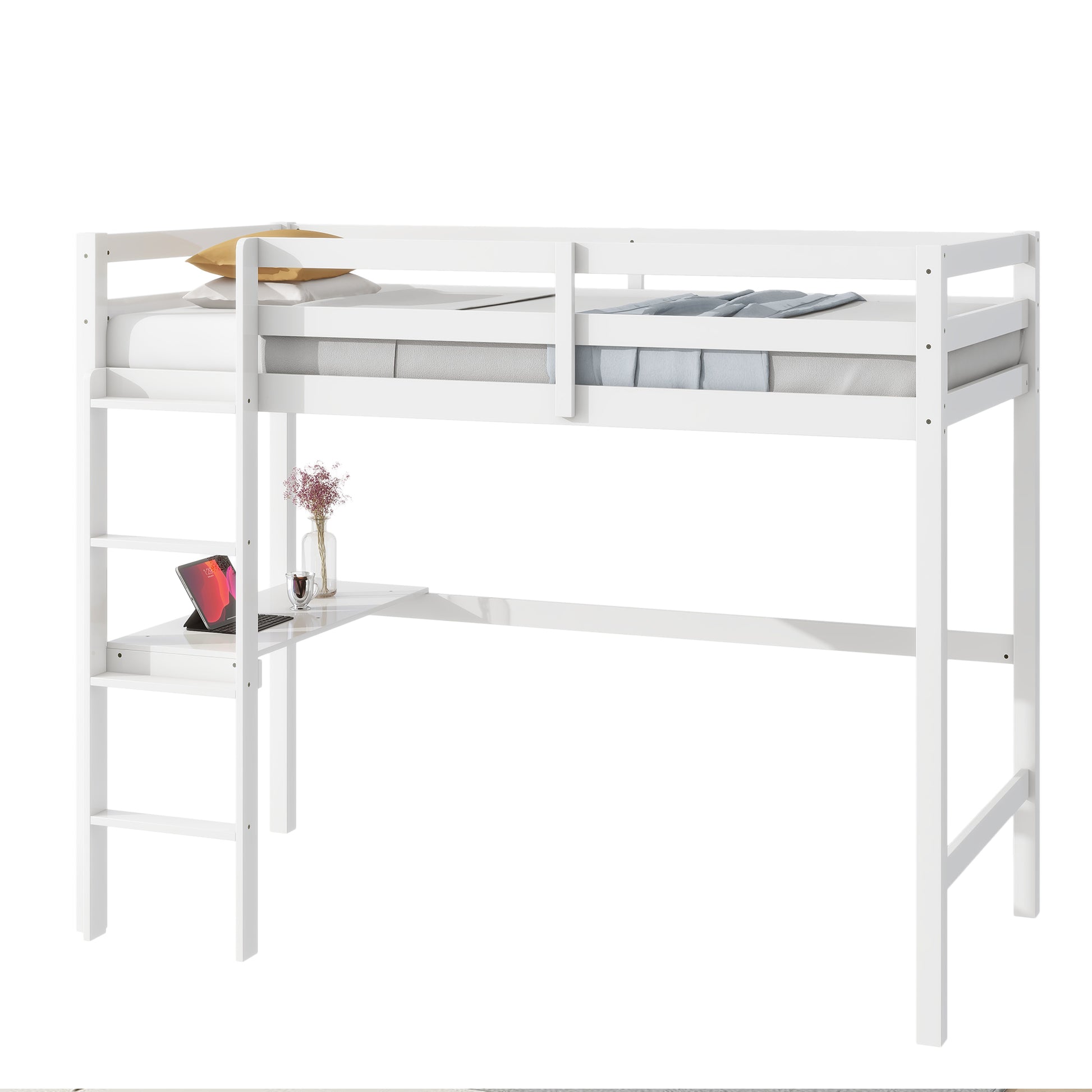 Twin High Loft Bed, Rubber Wood Loft Bed With Safety Guardrail, Built In Desk, Ladder,White Twin White Rubber Wood