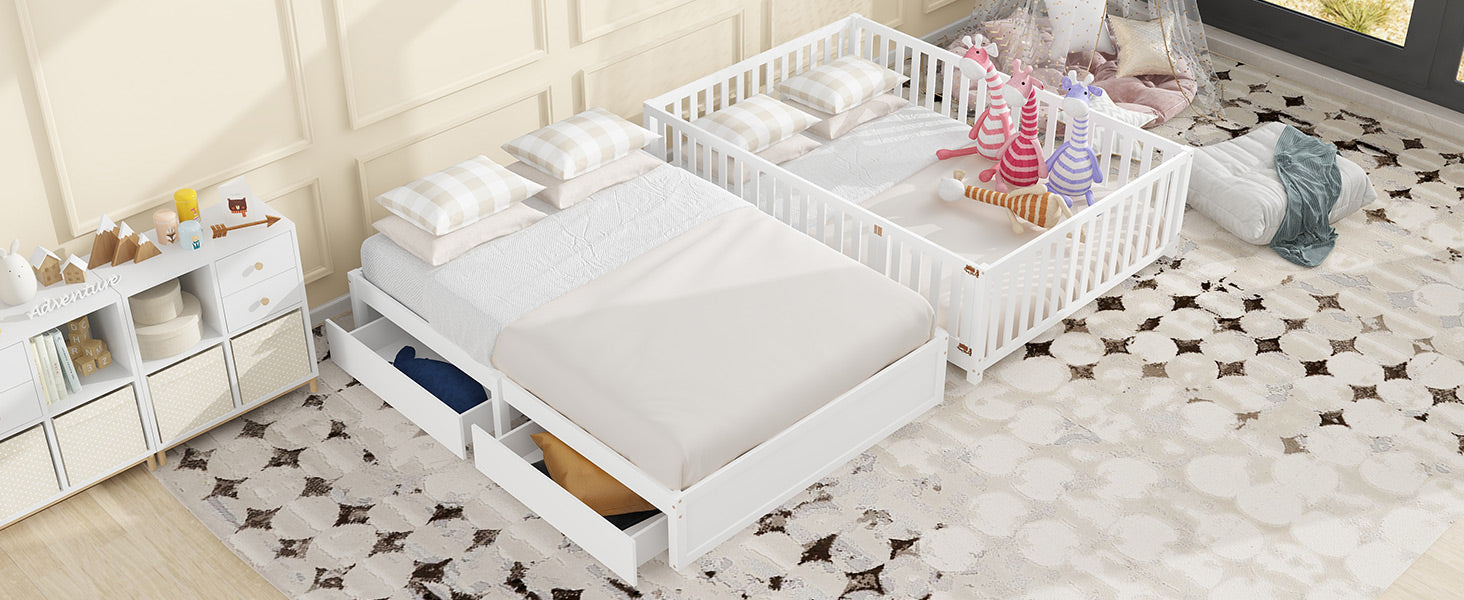 Full Size Wood Daybed With Fence Guardrails And 2 Drawers, Split Into Independent Floor Bed & Daybed, White Old Sku :Lp000882Aak Full White Solid Wood Mdf
