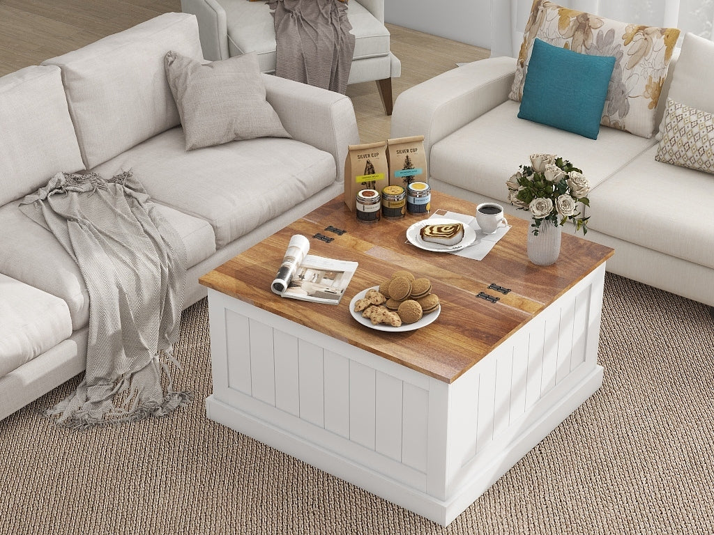 31.5" Farmhouse Coffee Table, Square Wood Center Table With Hinged Lift Top, Rustic Cocktail Table With Large Hidden Storage Compartmen For Living Room White White Mdf