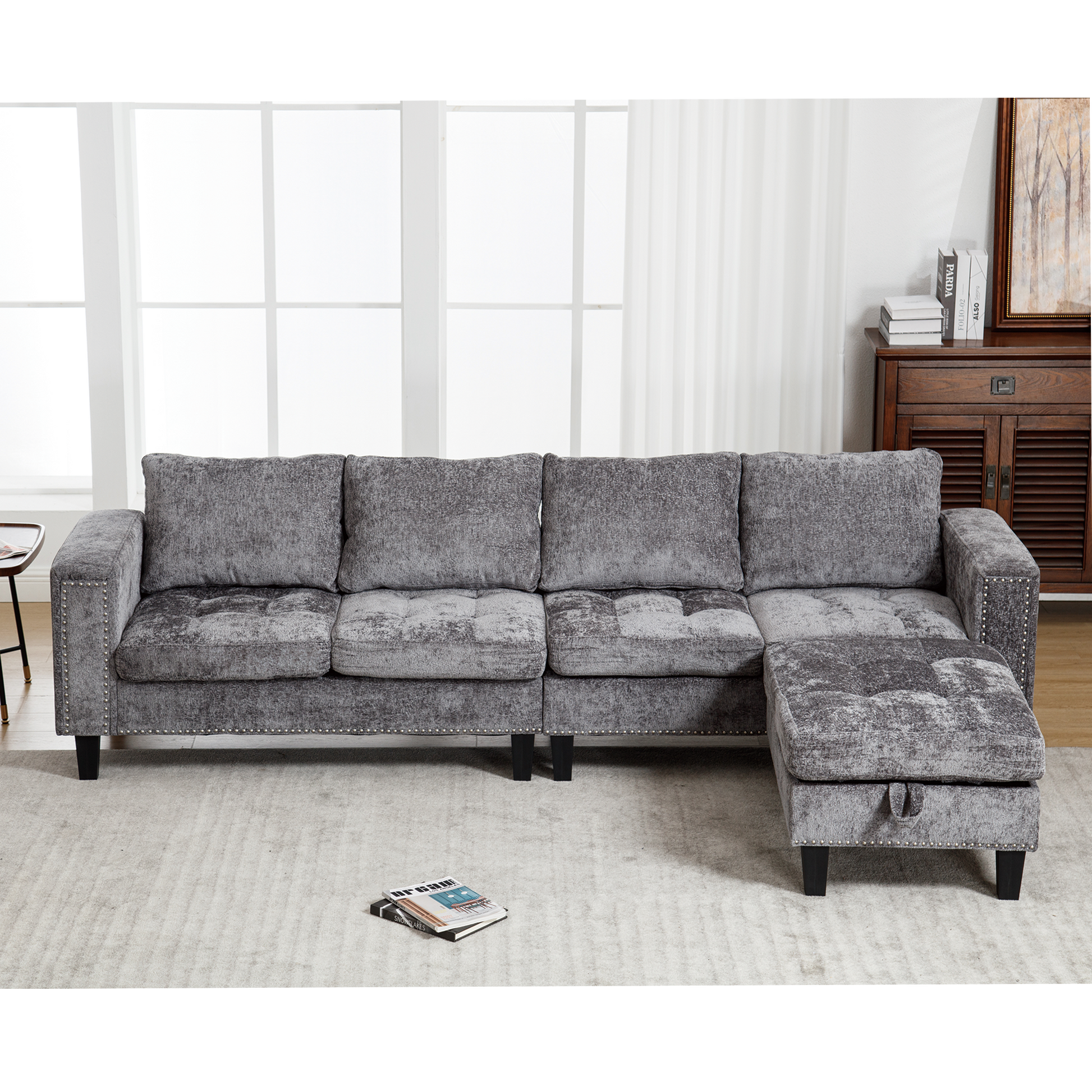 Arrived 5 Seat Modular Sofa,With Storage Ottoman, Convertible Sectional Sofa, L Shaped Couchreversible Chaise ,Riveted Sofa,Chenille, Gray Gray Polyester Wood Primary Living Space Medium Soft Cushion Back Modern Square Arms Foam Metal & Wood 5 Seat
