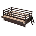 Low Loft Bed Twin Size With Full Safety Fence, Climbing Ladder, Storage Drawers And Trundle Espresso Solid Wood Bed Espresso Solid Wood