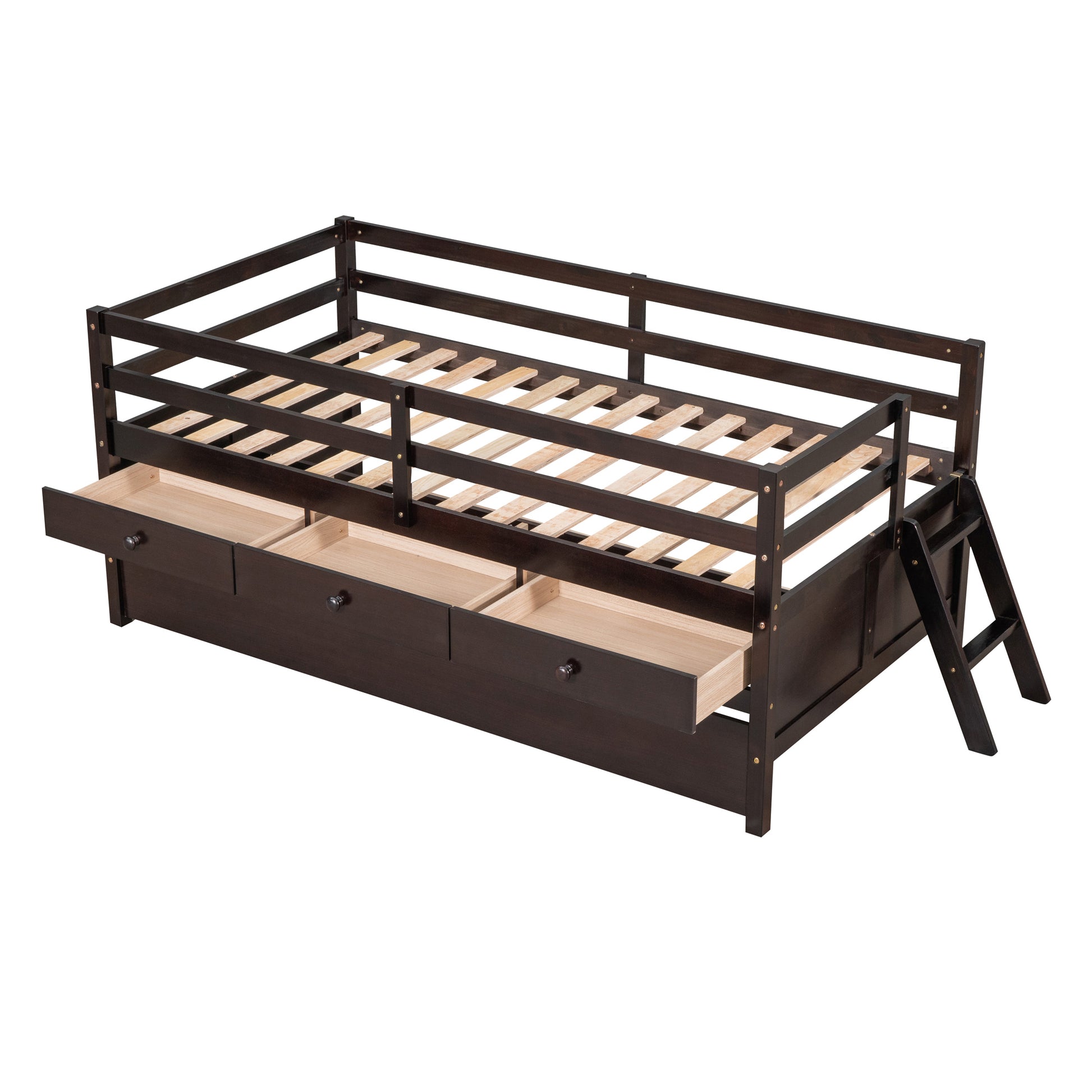 Low Loft Bed Twin Size With Full Safety Fence, Climbing Ladder, Storage Drawers And Trundle Espresso Solid Wood Bed Espresso Solid Wood