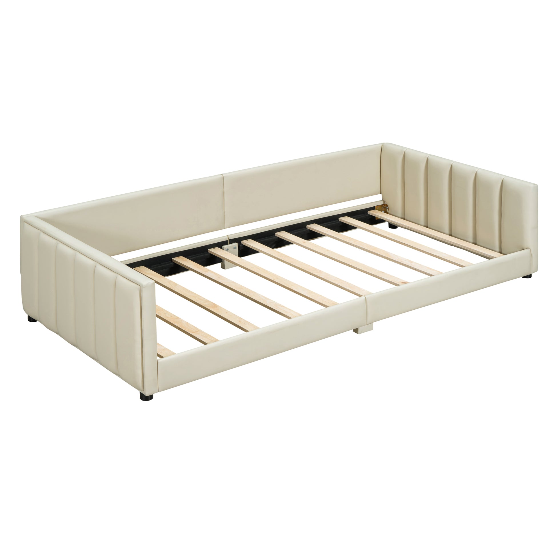 Queen Size & Twin Xl Size Upholstered Platform Bed, Mother & Child Bed, Pu Leather, Beige Beige Pu Leather