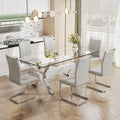 Dining Table. Modern Tempered Glass Dining Table. Large Modern Office Desk With Silver Plated Metal Legs And Mdf Crossbars, Suitable For Both Home And Office Use. Kitchen. 71 ''X35.4''X30 '' 1105 Transparent Glass