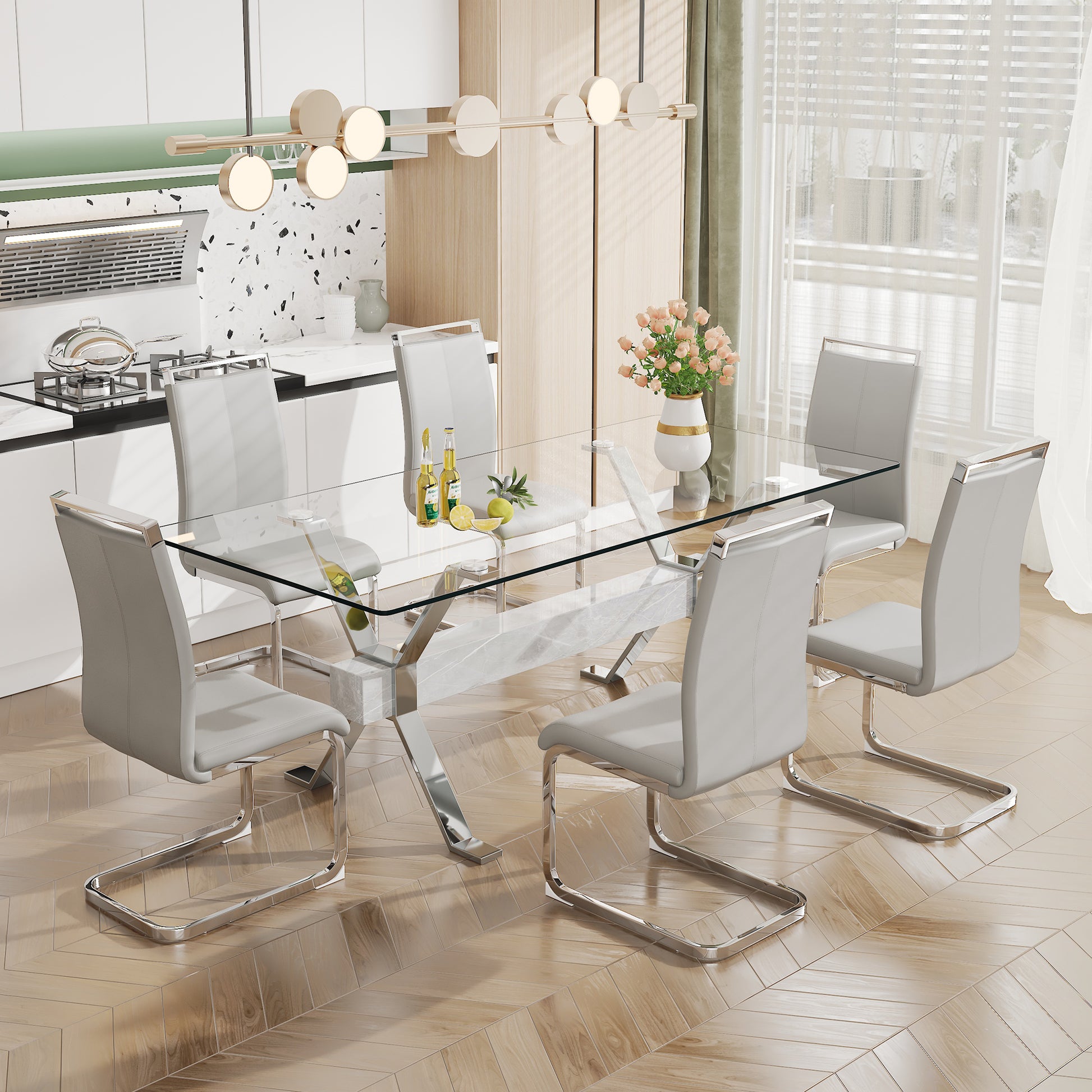 Dining Table. Modern Tempered Glass Dining Table. Large Modern Office Desk With Silver Plated Metal Legs And Mdf Crossbars, Suitable For Both Home And Office Use. Kitchen. 71 ''X35.4''X30 '' 1105 Transparent Glass