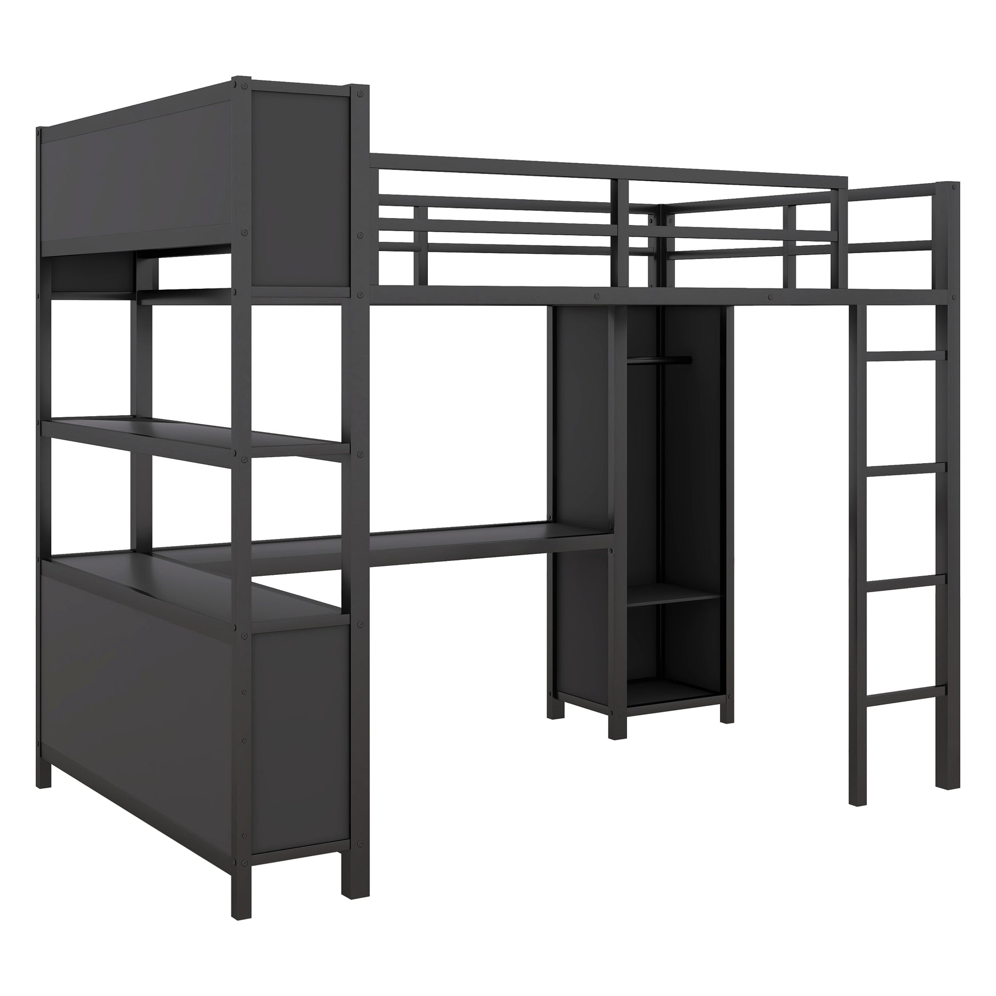 Metal Loft Bed With Wardrobe And L Shaped Desk, Full Size Loft Bed With Storage Cubes And Shelves, Heavy Duty Loft Bed For Kids Teens Adults, Black Pre Sale Date: August 10Th Full Black Metal