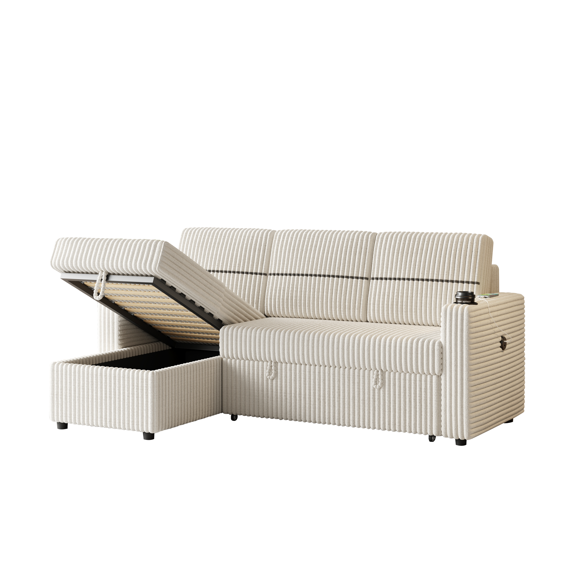 85 Inches Corduroy Sofa Bed, 3 Seater Sleeper Sofa With Storage Chaise, Square Handrail With Two Cup Holder And Usb Charge Port, Pull Out Couch For Living Room Beige Corduroy 3 Seat