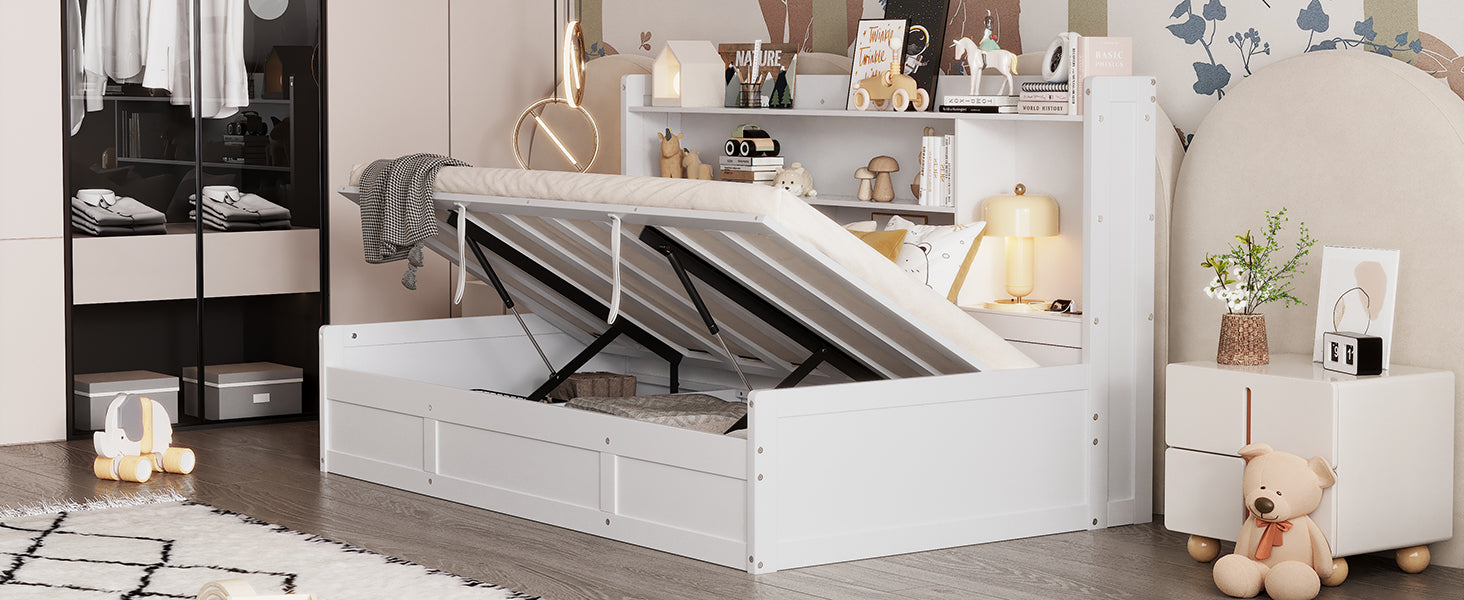 Twin Size Daybed Frame With Storage Bookcases And Underneath Storage, Usb Charging Station, White Twin White Solid Wood Mdf