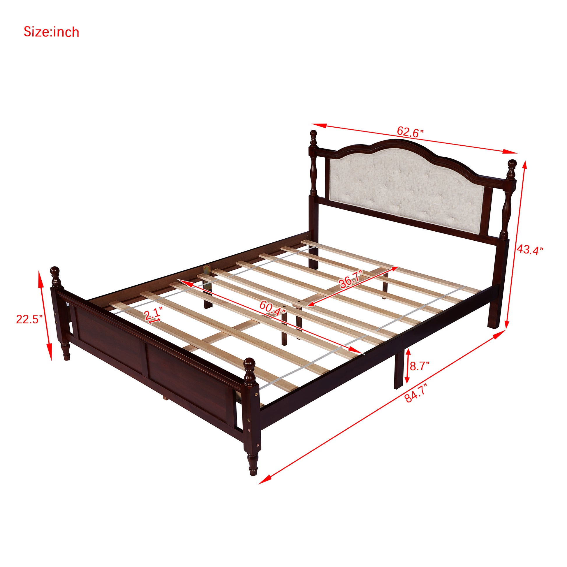 Queen Pine Wooden Bed With Upholstered Headboard And Panel Footboard, With Two Bed Rail Support Feet And Central Platform Support Feet ,Classic Cherry Queen Cherry Pine