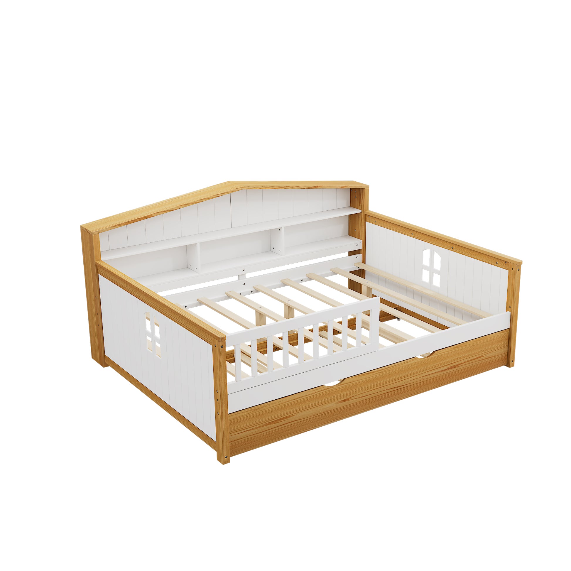 Full Size House Shape Daybed With Trundle And Bookcase Headboard Wooden Bed For Girls Boys Teens, No Box Spring Needed, Walnut And White Box Spring Not Required Full White Walnut Wood Bedroom Cute Pine Bed Frame Wood