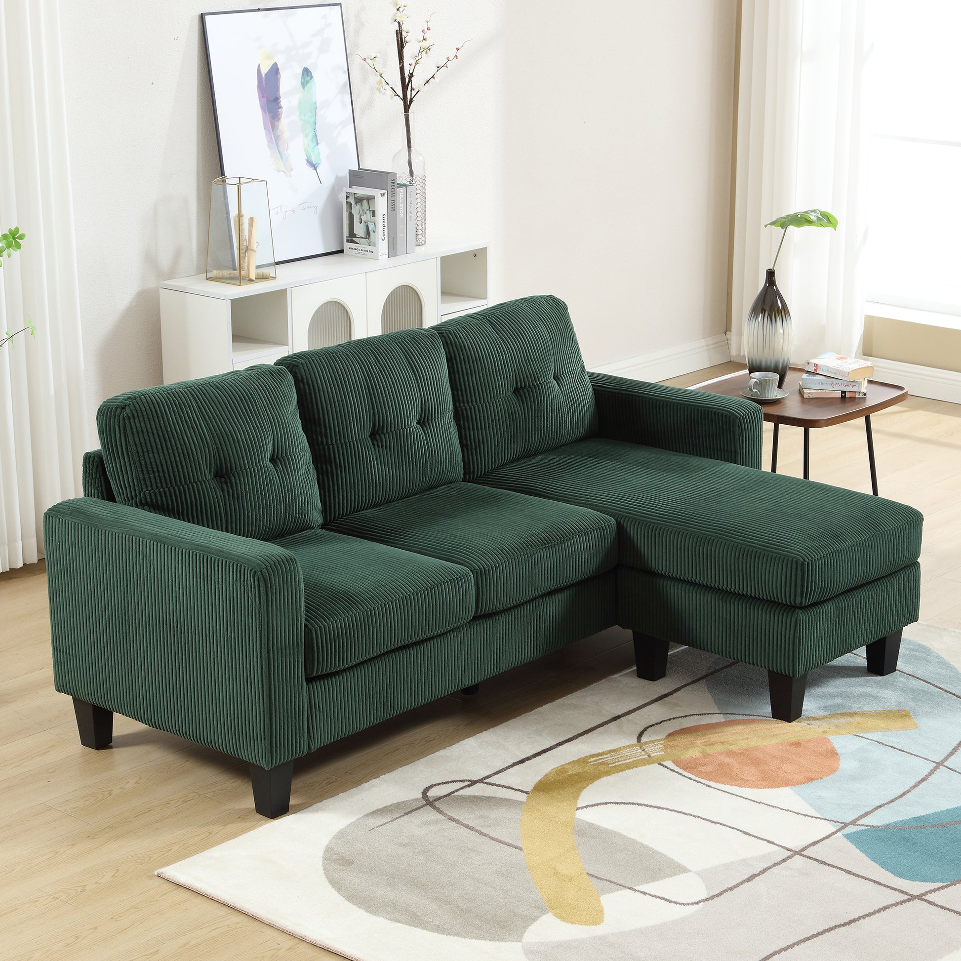 Velvet Sectional Couchl Shaped Sofa With Ottoman For Small Apartment Emerald Velvet 3 Seat