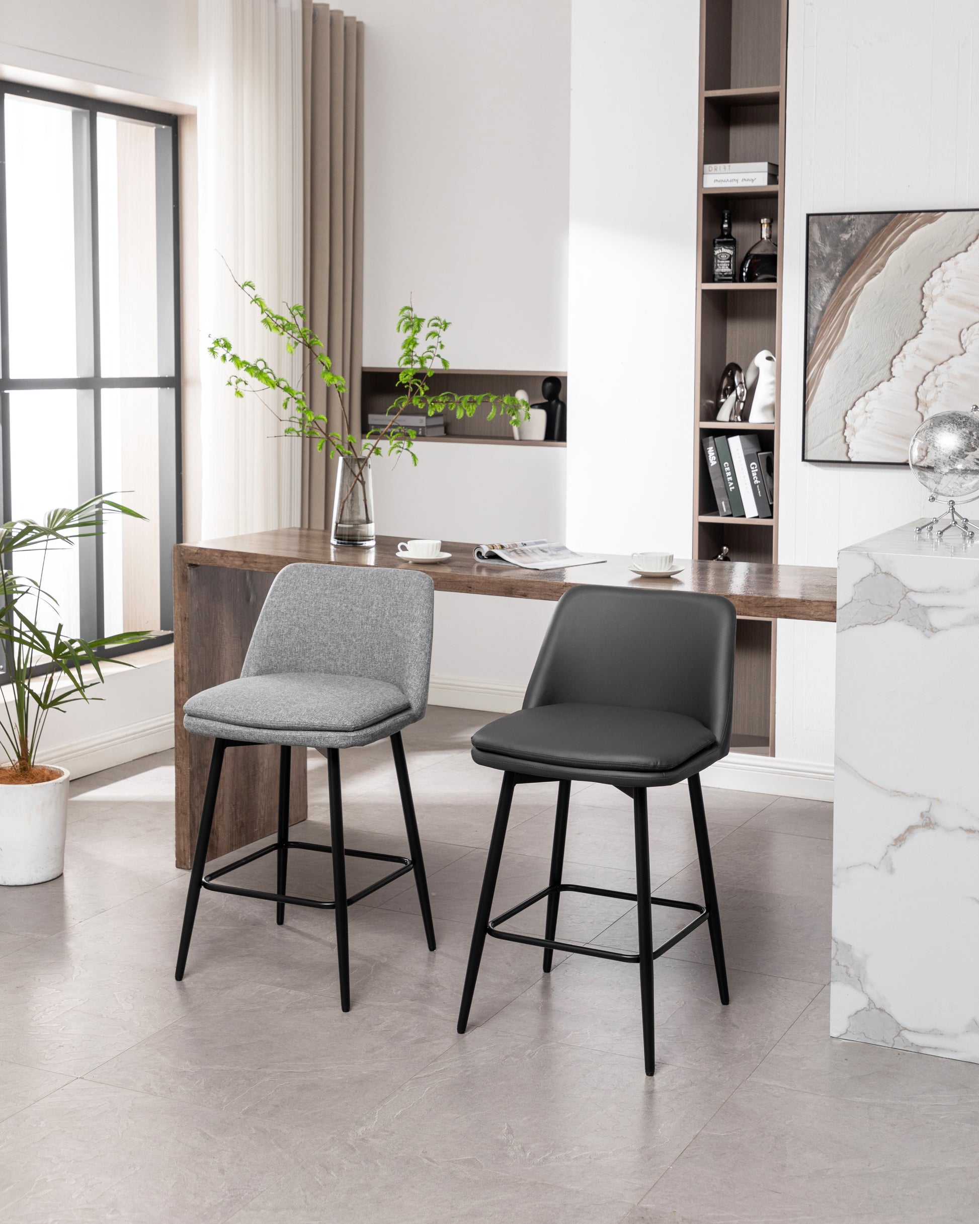 Counter Height Swivel Bar Stools Set Of 2, 360 Swivel Upholstered Barstools With Back And Metal Legs, 25.6" Seat Height,Counter Stools For Kitchen Island And Pub,Linen Cloth,Grey Light Grey Set Of 2 Linen