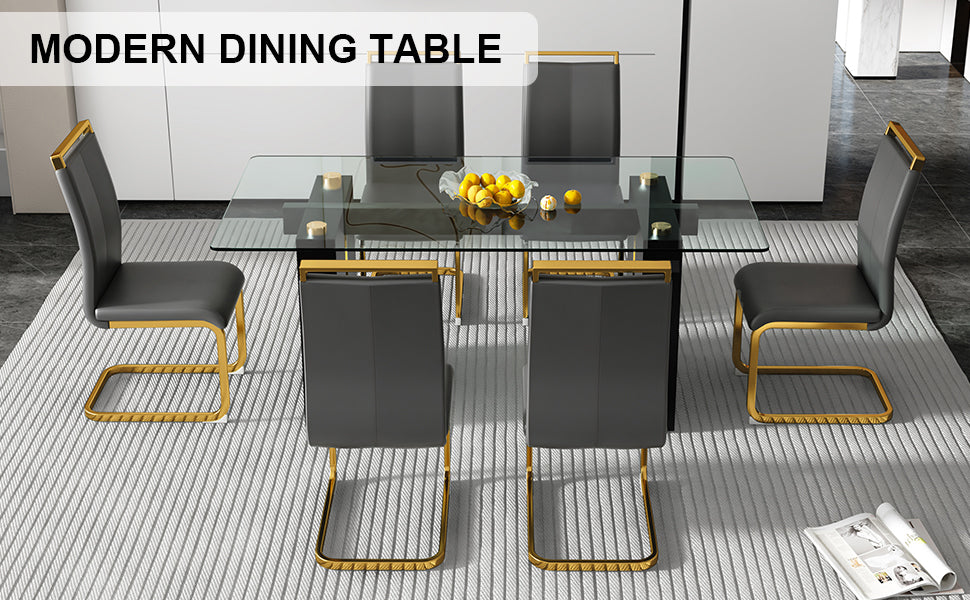 Table And Chair Set, Large Modern Minimalist Rectangular Glass Table, Can Accommodate 6 8 People, Equipped With Tempered Glass Tabletop And Large Mdf Table Legs, Comfortable And Minimalist Chairs. Transparent Glass