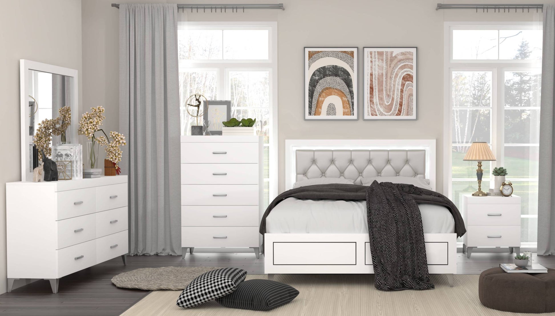 Grey And White Queen Bed With Led Light Padded Headboard Box Spring Not Required Queen Grey White Wood Bedroom Slat Beds Wood Fabric
