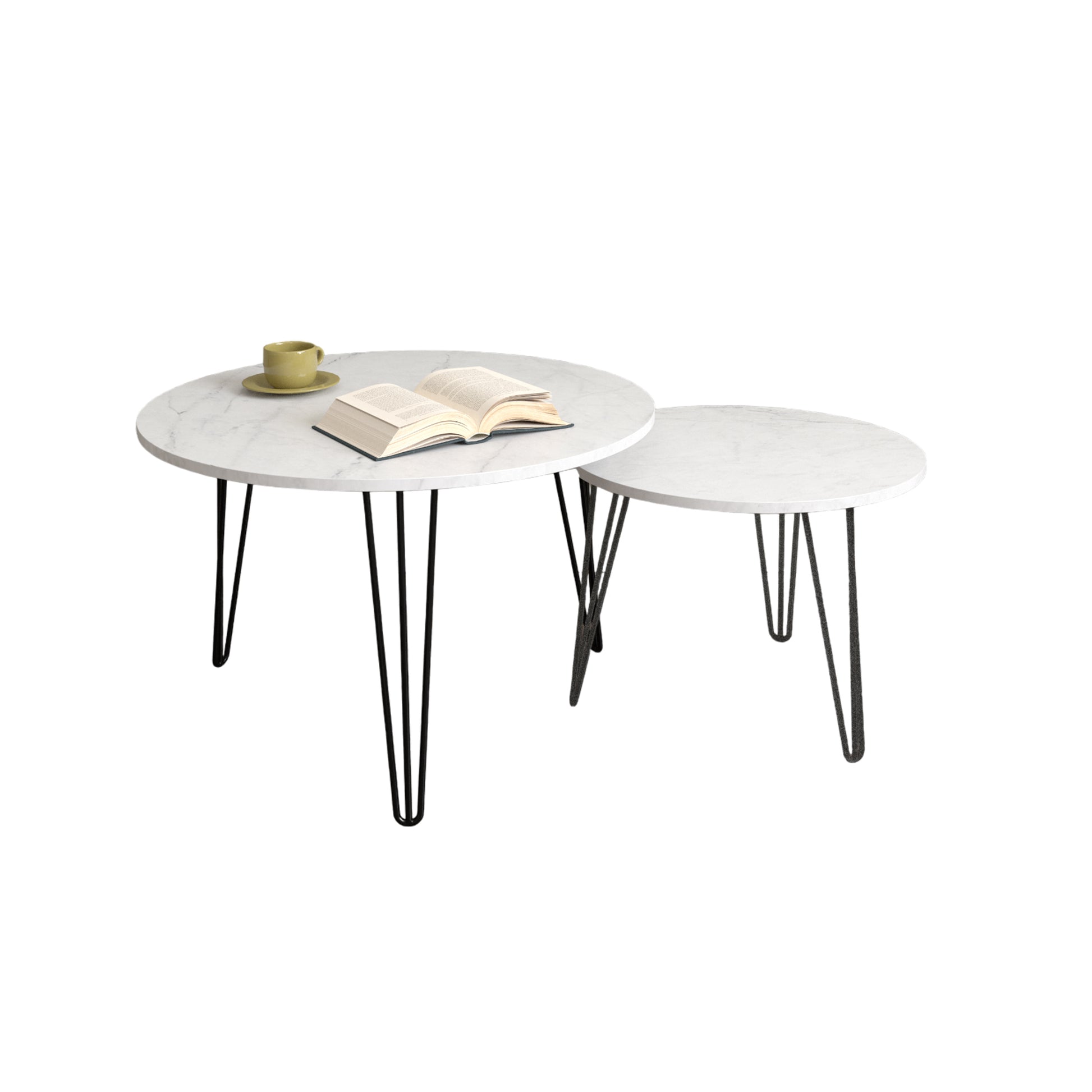 27.56'' Round Nesting Coffee Table Set Of 2, Circular Nesting End Table Set, Round Marble Tabletop, And Sturdy Metal Base For Living Room, Bedroom, White White Round Wood Metal