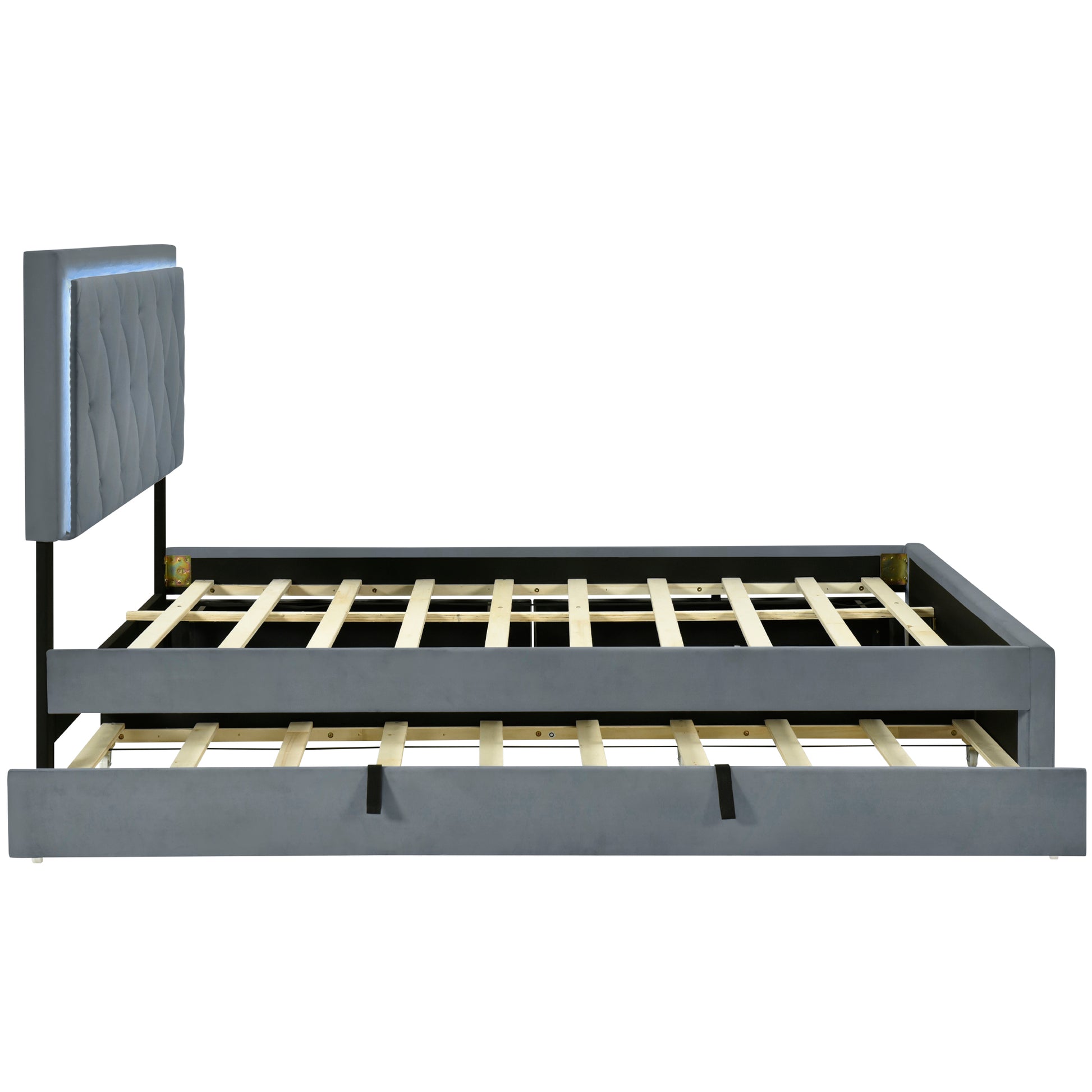 Queen Size Velvet Storage Platform Bed, With 2 Big Drawers, Twin Xl Size Trundle And Led Light, Gray Gray Velvet