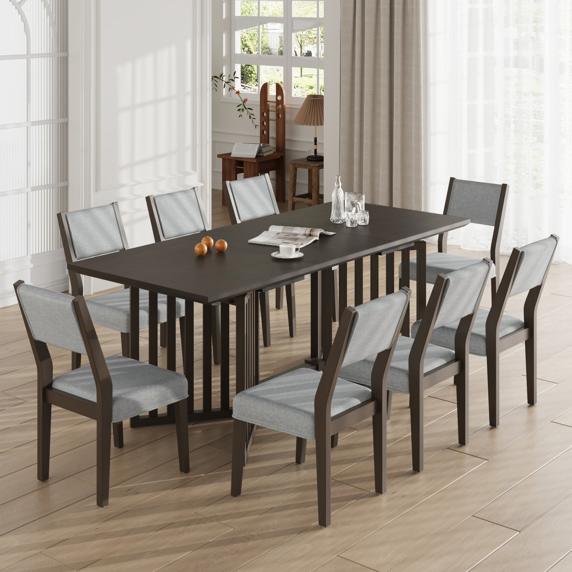 Farmhouse 9 Piece 83.9Inch Extendable Dining Table Set With 2 12 Inch Removable Leaves And 8 Upholstered Dining Chairs, Espresso Wood Dining Room Solid Wood Rubberwood Rectangular Dining Table With Chair Upholstered Chair Wood Espresso Seats 8 Removable