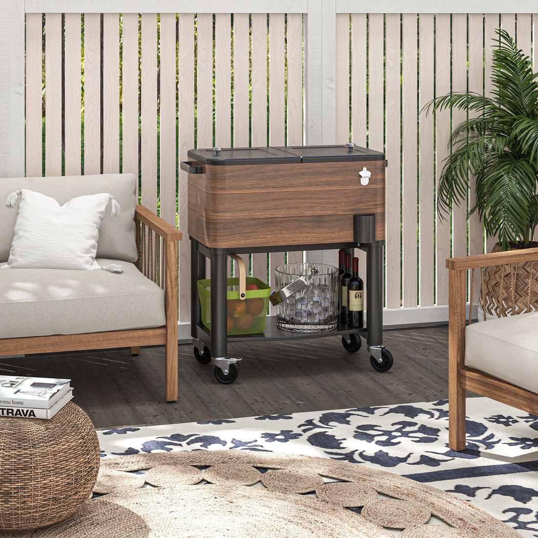 Outsunny Outdoor Cooler Cart, Rolling Beverage Ice Chest, Rugged Steel Patio Cooler With Locking Wheels, 60 Quart Capacity For Poolside Bbqs, Brown Brown Plastic