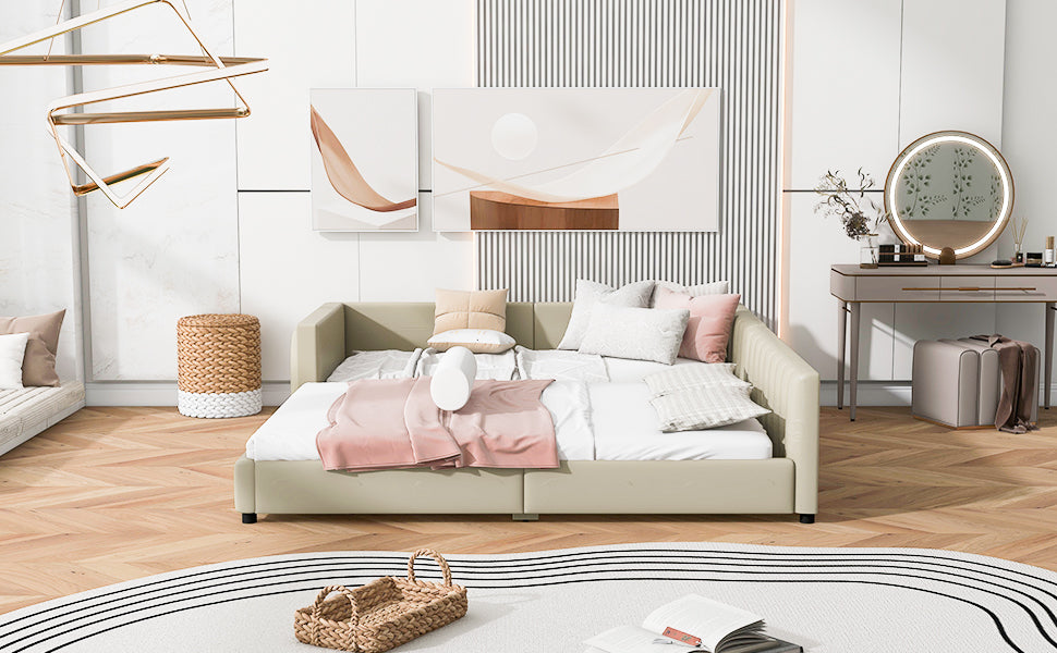 Queen Size & Twin Xl Size Upholstered Platform Bed, Mother & Child Bed, Pu Leather, Beige Beige Pu Leather