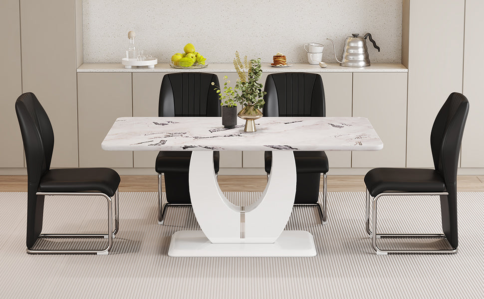 Table And Chair Set, Modern Luxurious White Imitation Marble Pattern Mdf Dining Table,Rectangular Dining Table, Matched With Uniquely Shaped Pu High Backrest Seats,Suitable For Various Occasions. White Black Seats 4 Mdf