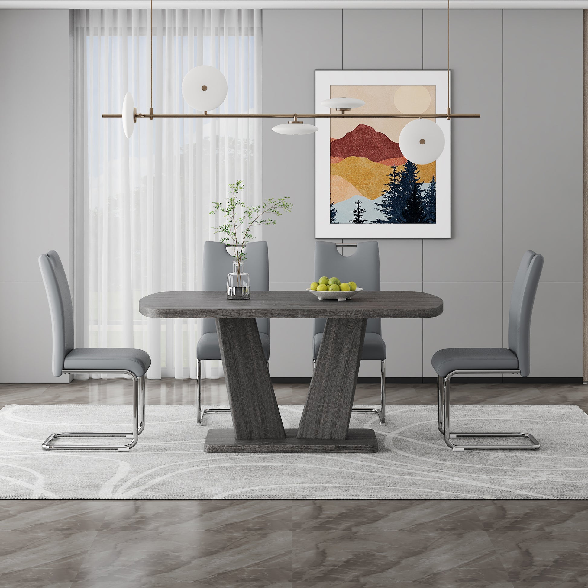 Dining Table Set For 4 6, 5 Piece Dining Table Set, Faux Wood Table Top And Modern Design Mdf Base With 4 Pu Leather Ergonomic Dining Chairs Metal Grey Modern Mdf Metal