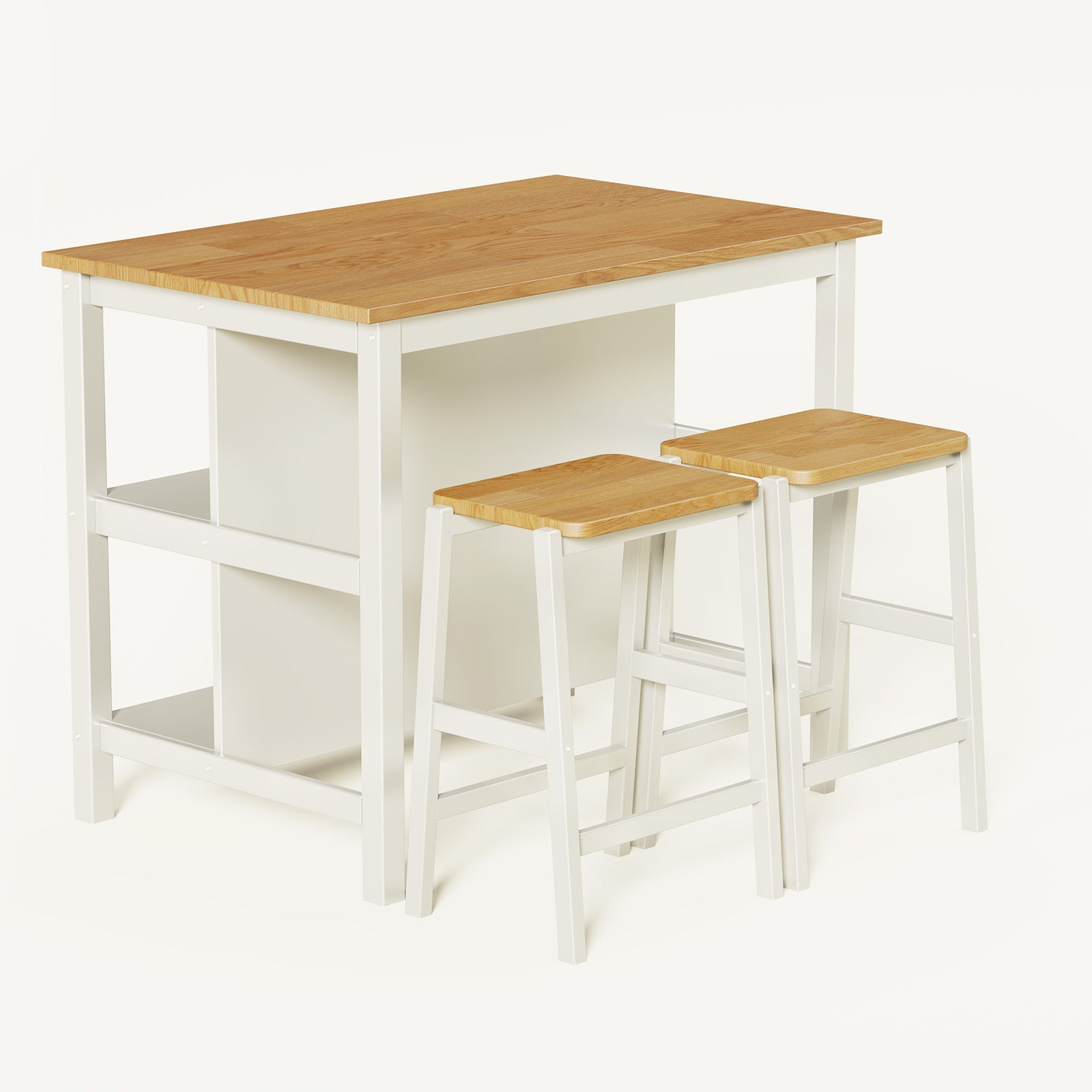 3 Pcs Dining Table Set Rustic Retro Breakfast Table Dining Stools Rubber Wood For 2 With Two Open Shelves For Small Space Kitchen Dining Room Cream White White Rubber Wood