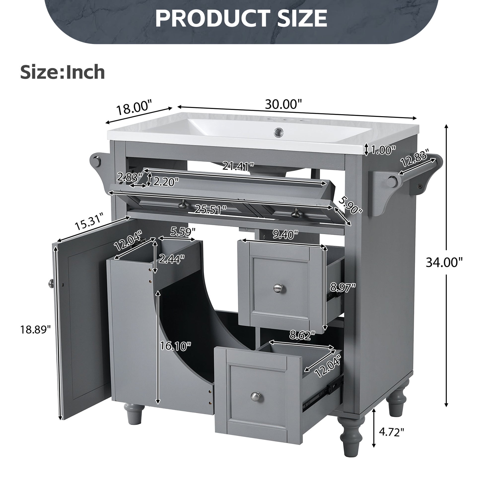 30'' Bathroom Vanity With Top Sink, Modern Bathroom Storage Cabinet With 2 Drawers And A Tip Out Drawer, Single Sink Bathroom Vanity Same As Sw000143Aae Grey Bathroom Modern Solid Wood Mdf Resin